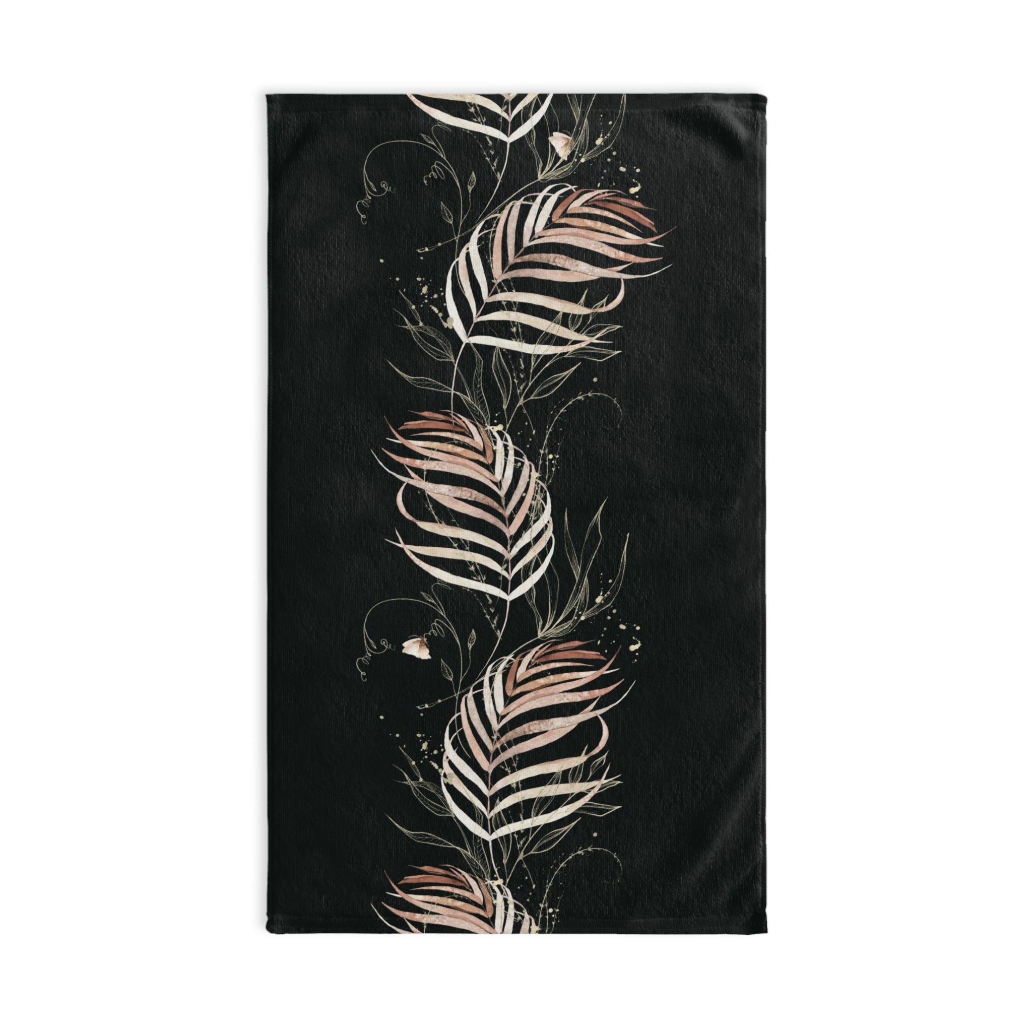 Floral Boho Kitchen, Bath Hand Towel | Jungle Black Beige Brown Leaves