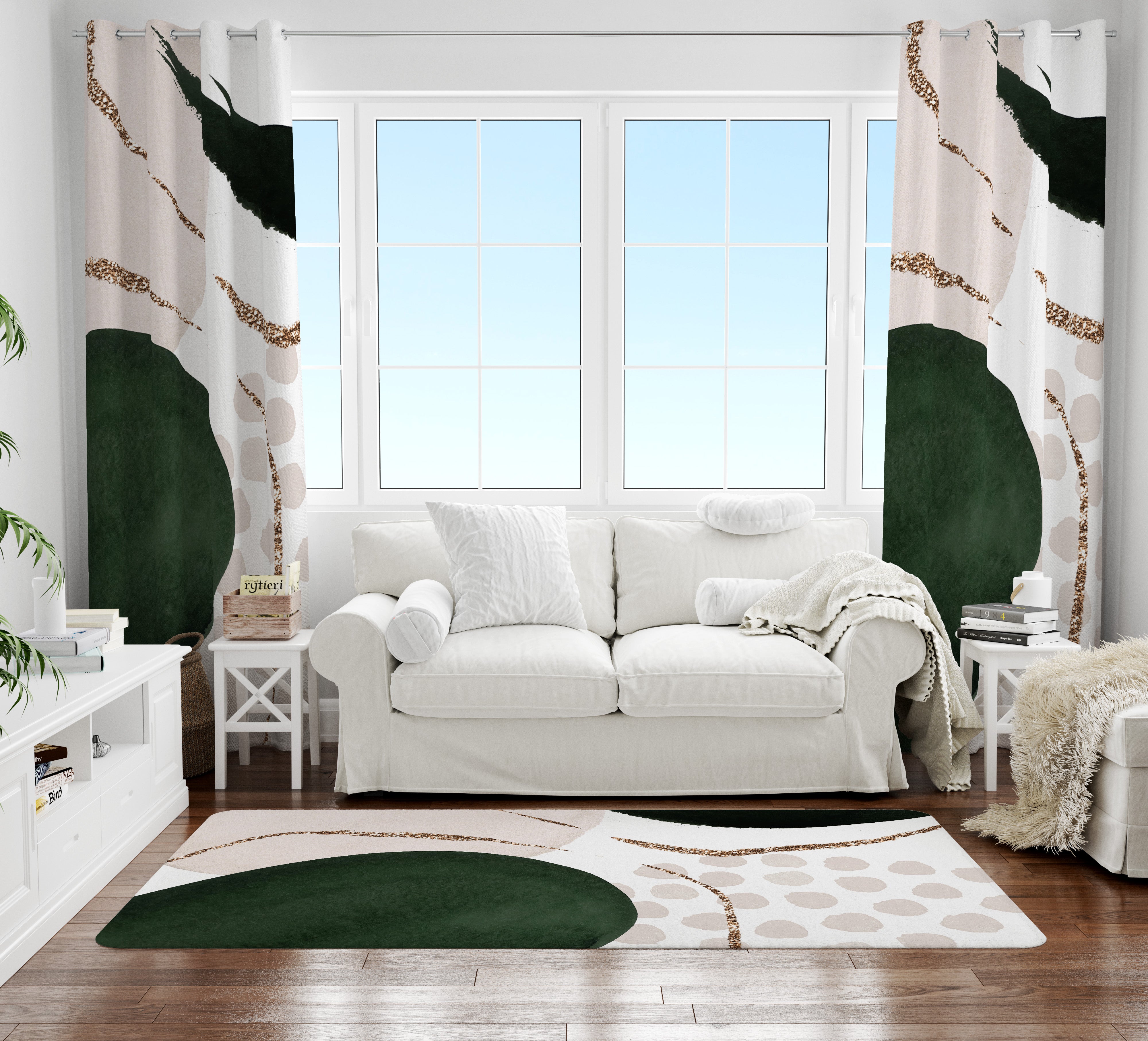 Abstract Area Rug | Green Beige Black Cream Gold