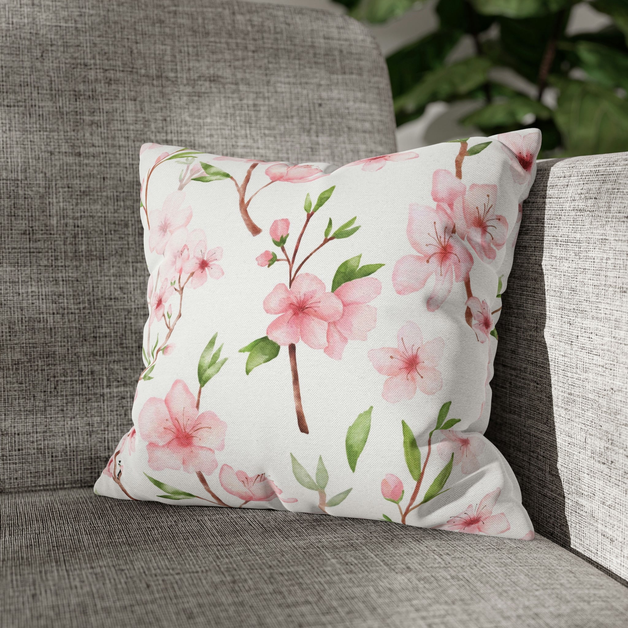 Floral Boho Pillow Cover | Pink Green Sakura Watercolor
