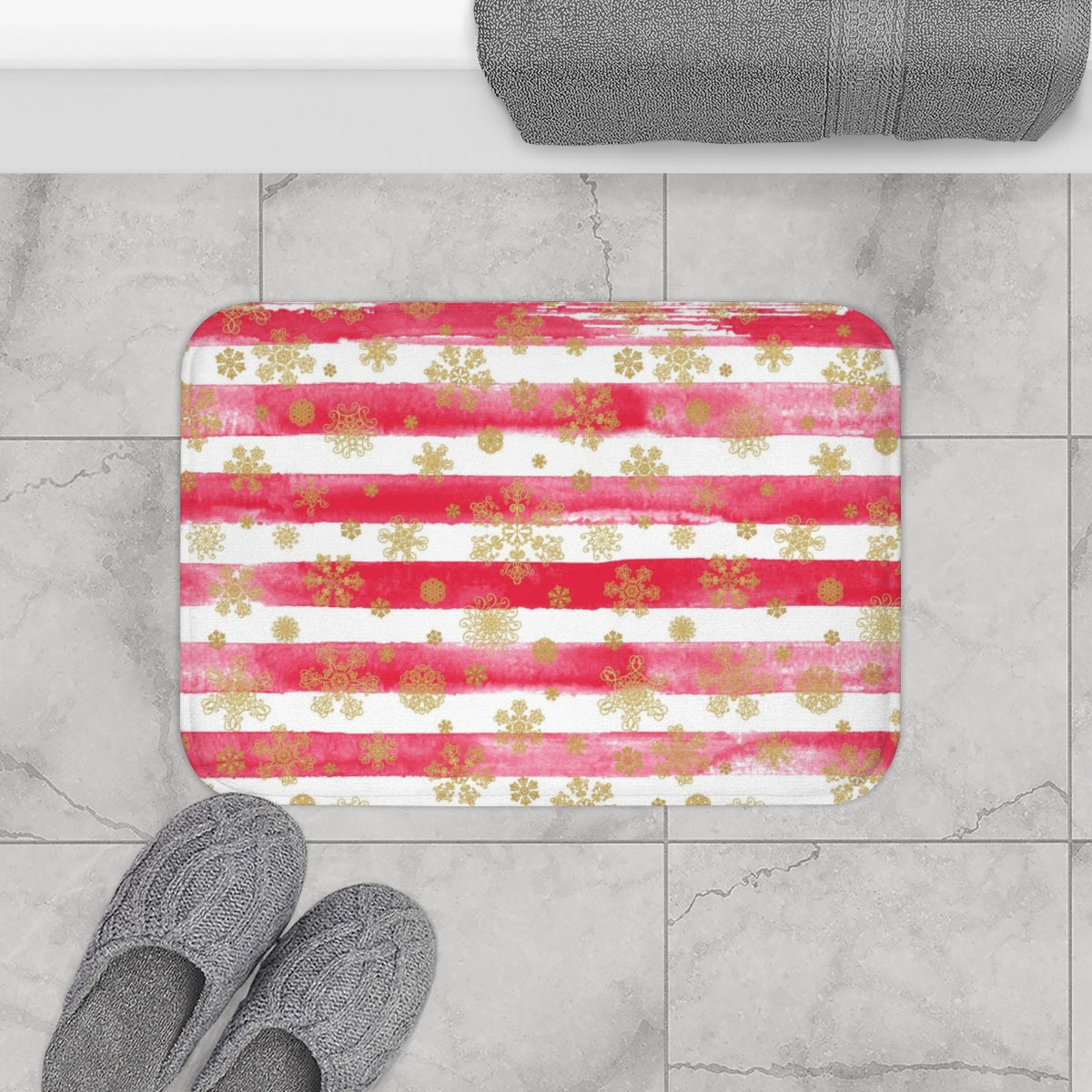 Christmas Bath Mat | White Red Stripes Gold Snowflakes