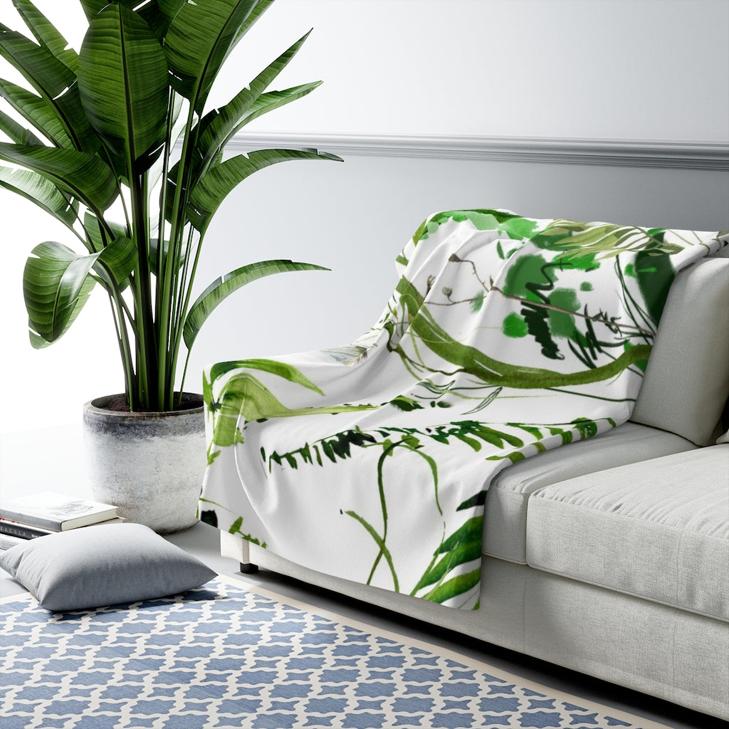 Floral Boho Comfy Blanket | White Green Tropical Leaves