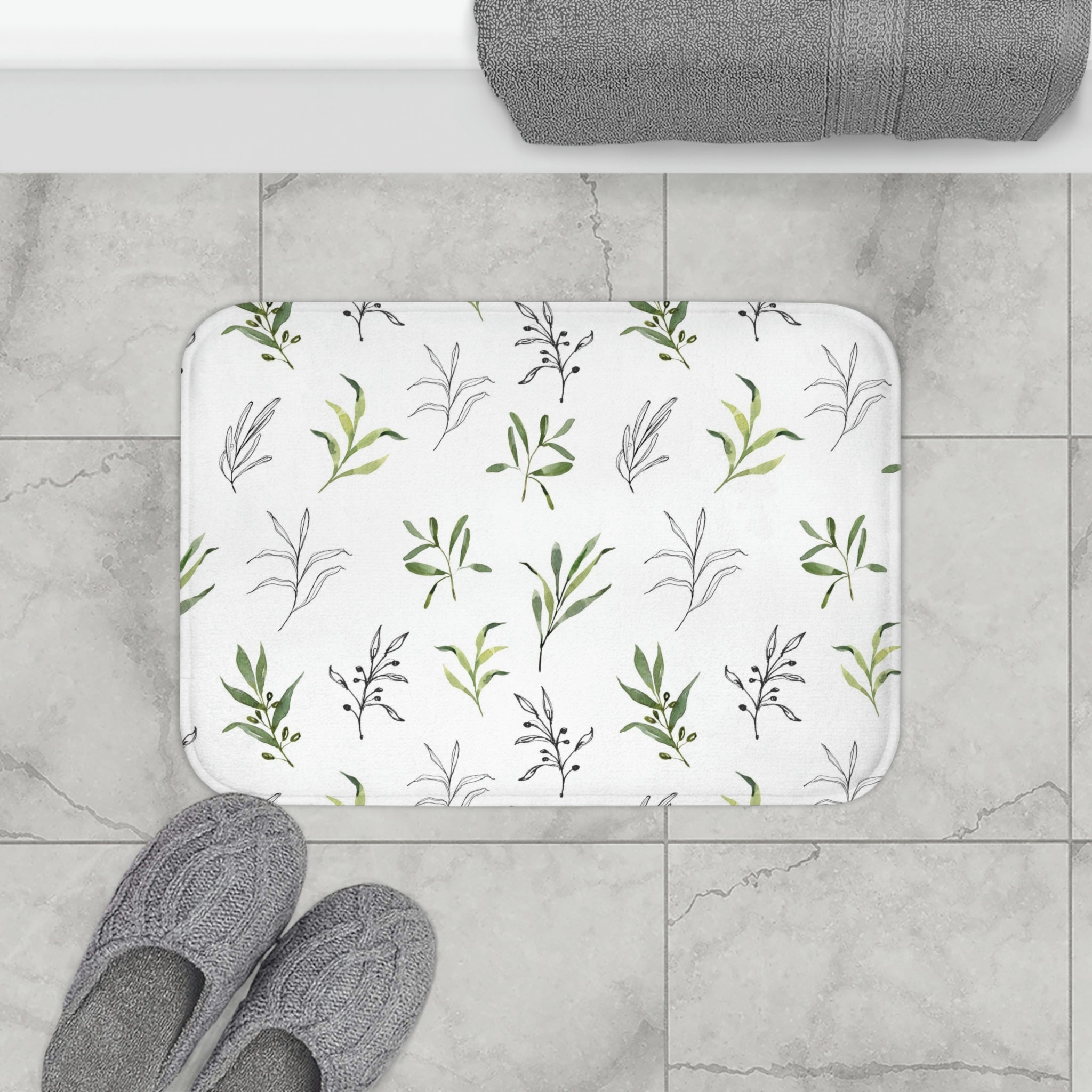 Floral Bath, Kitchen Mats, Rugs | Sage Green Leaves, Black White Line Art