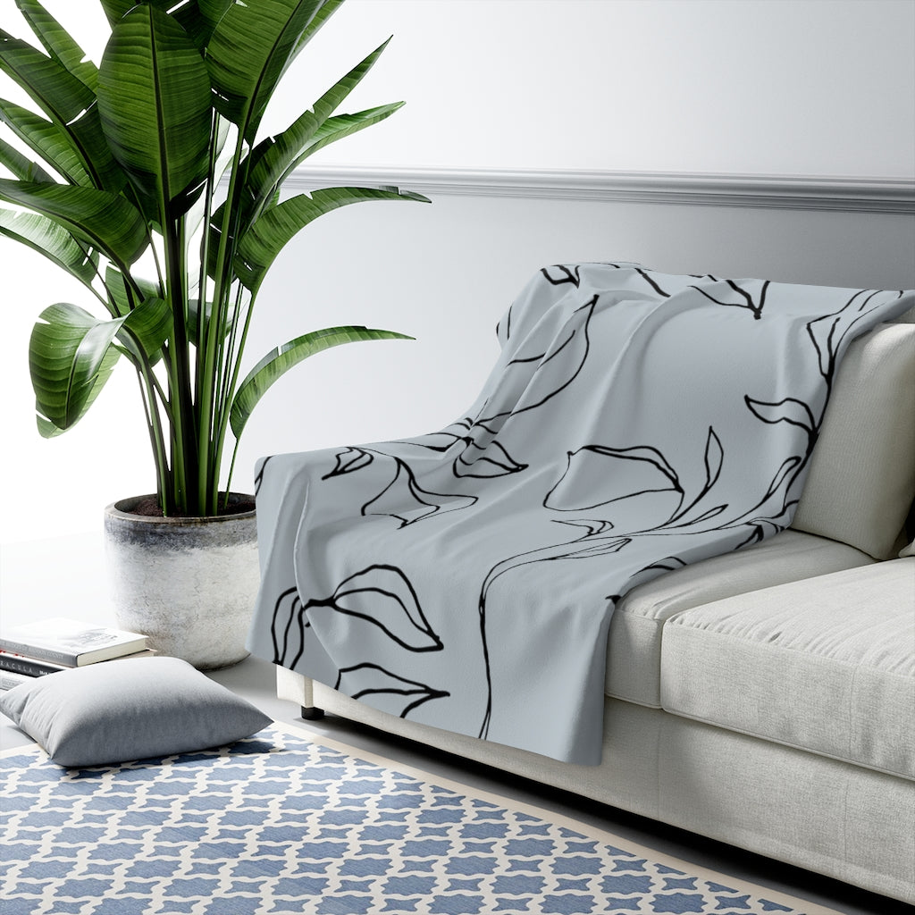 Black Dusty Blue, One Line Art, Floral Blanket