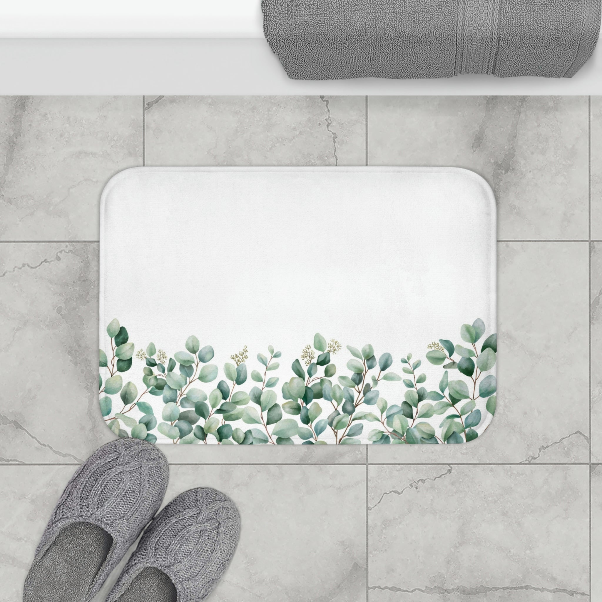 Floral Wreath Bath, Kitchen Mat | Sage Teal Green, White