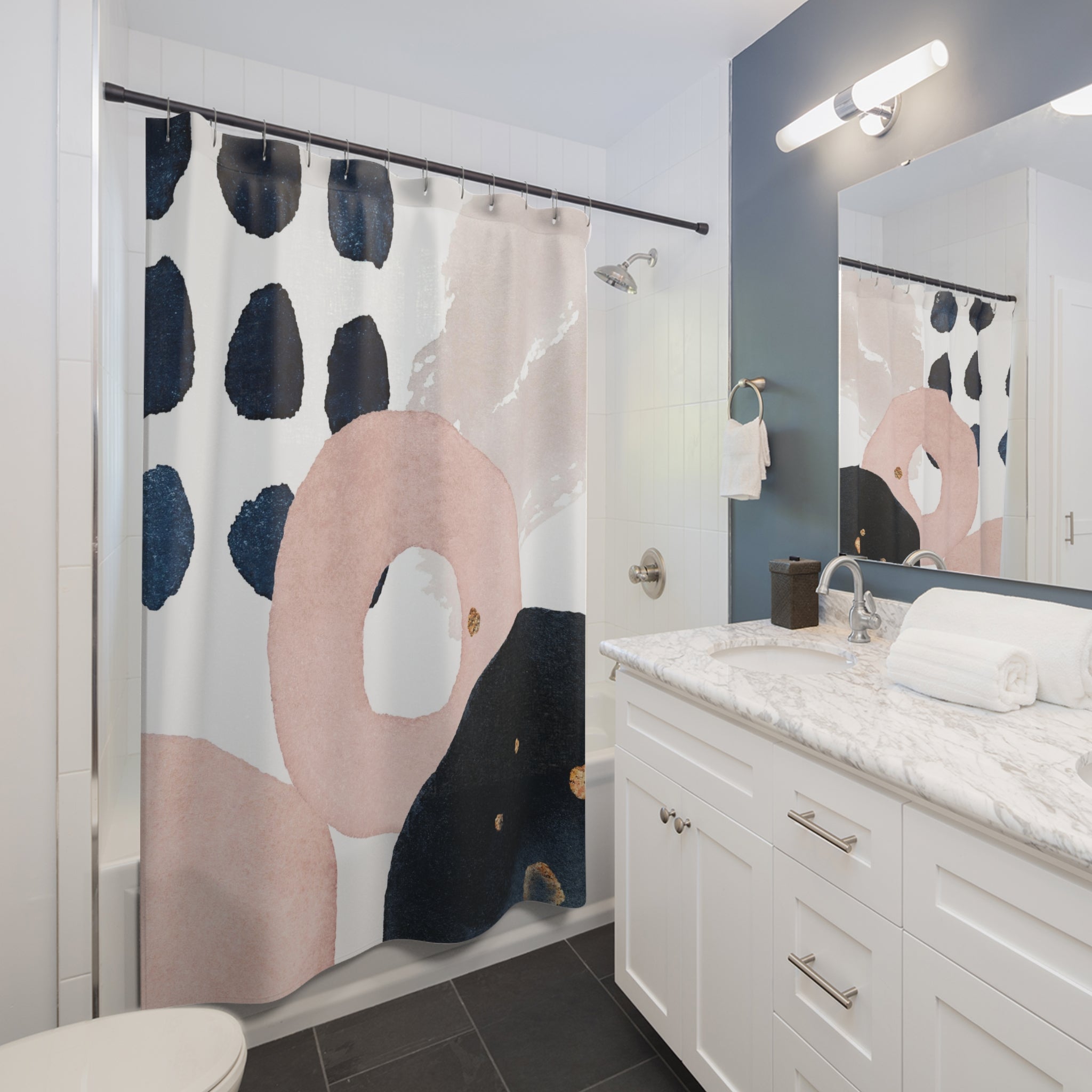 Boho Shower Curtain | Abstract Navy Blue, Blush Pink White