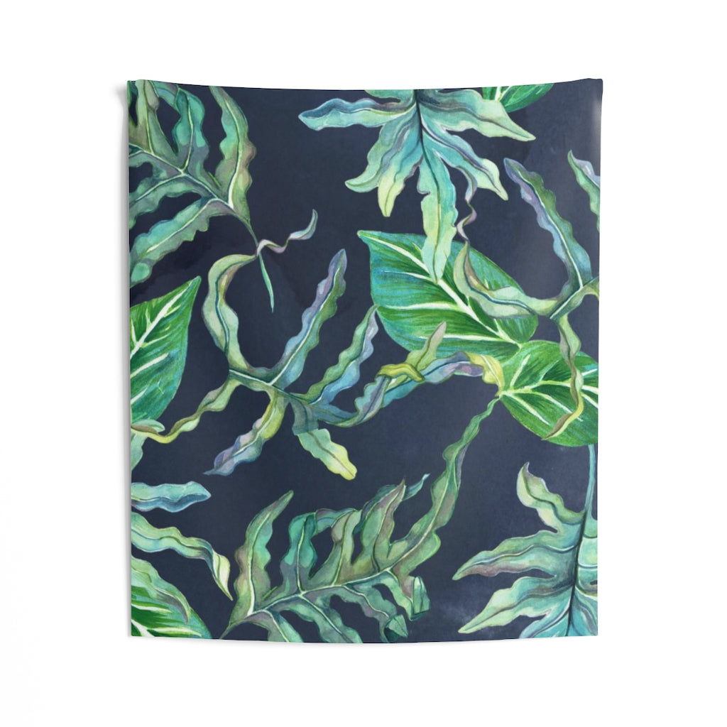 Floral Tapestry | Navy Blue Green Tropical Leaves
