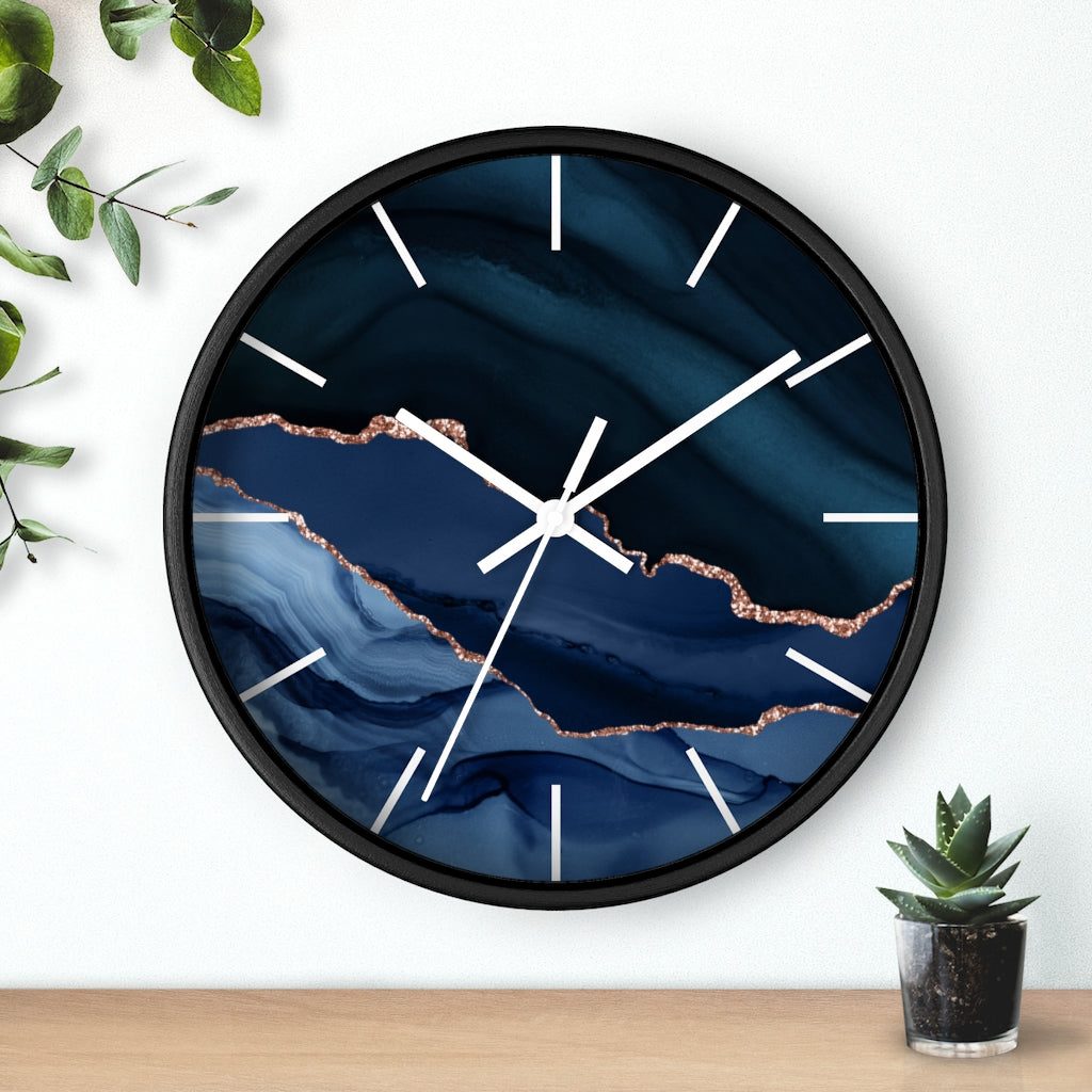 Marble Print, Navy Wood Wall Clock 10"