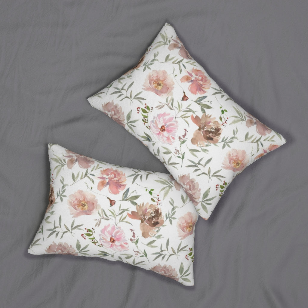 Floral Boho Lumbar Pillow | Beige Pastel Pink Peonies