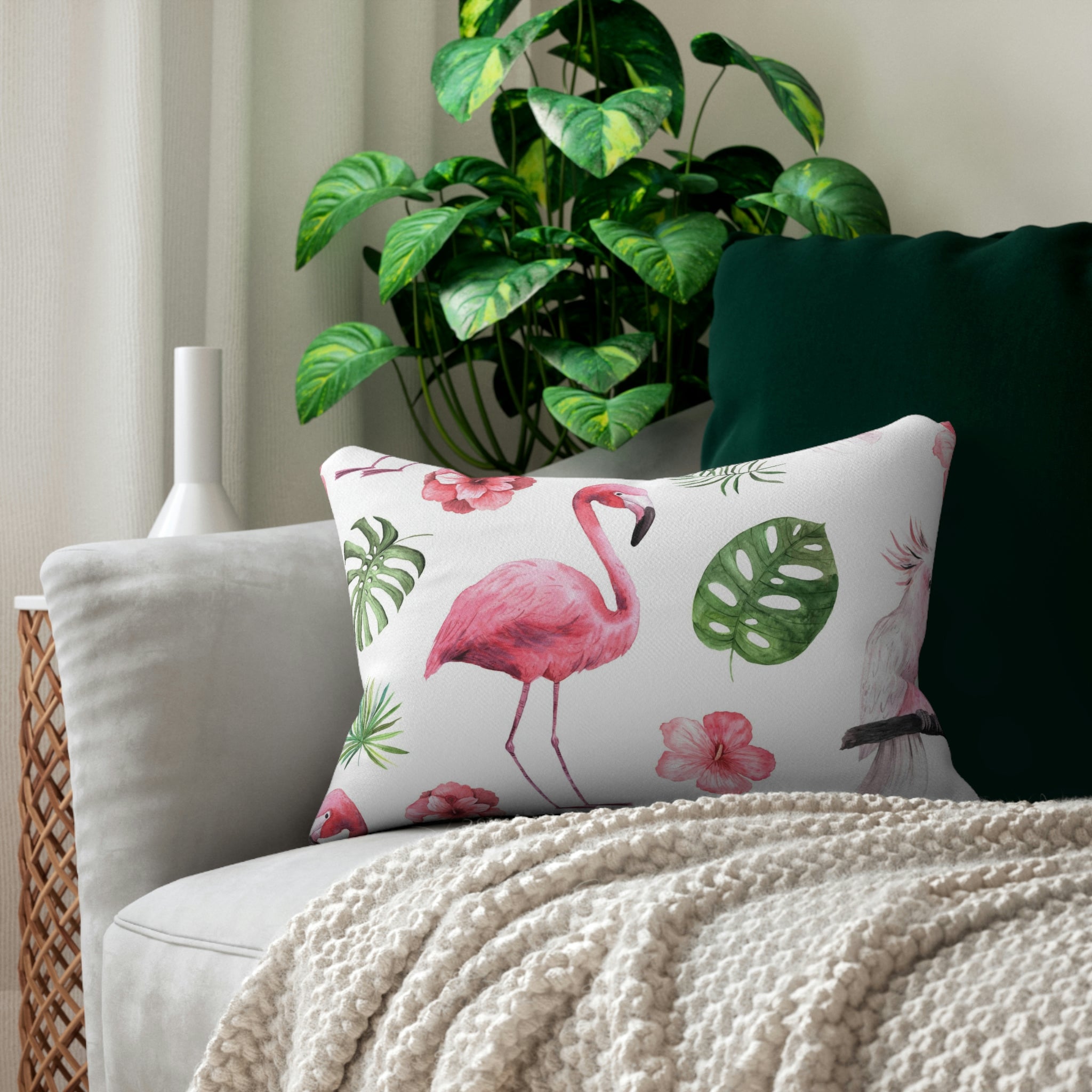 Floral Lumbar Pillow | Pink Flamingo, Leaves