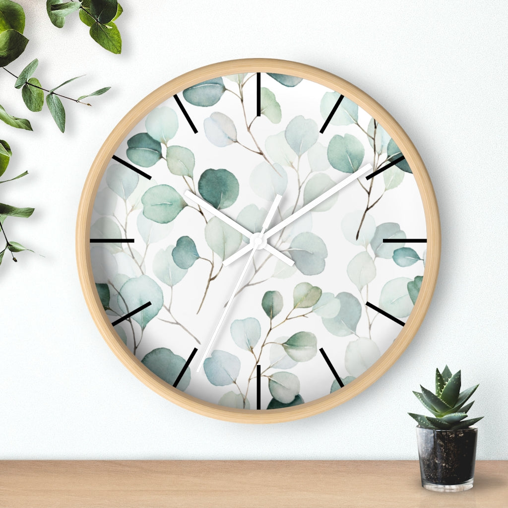 Wood, Floral Wall Clock, Eucalyptus 10"