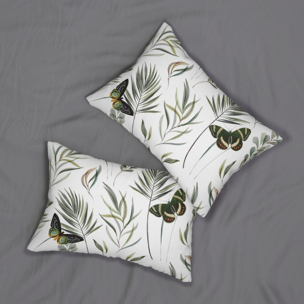 Floral Boho Lumbar Pillow | White Green Butterfly