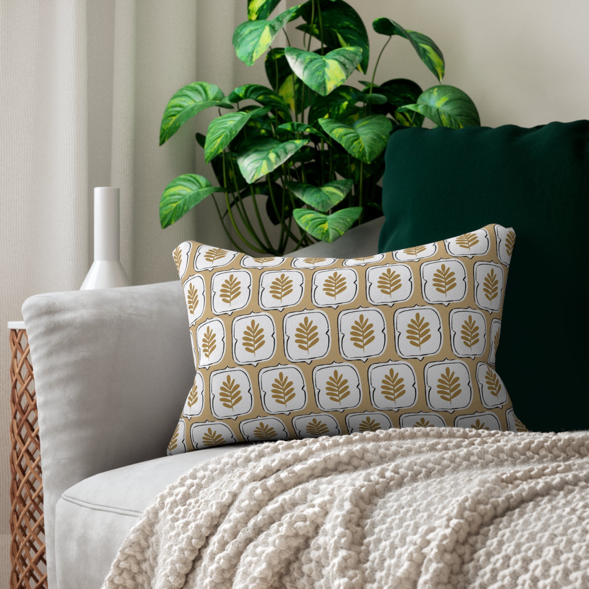 Art Deco Boho Lumbar Pillow | White Beige Floral