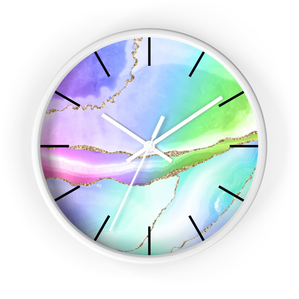 Marble Print, Wood, Wall Clock, Rainbow Colors 10"