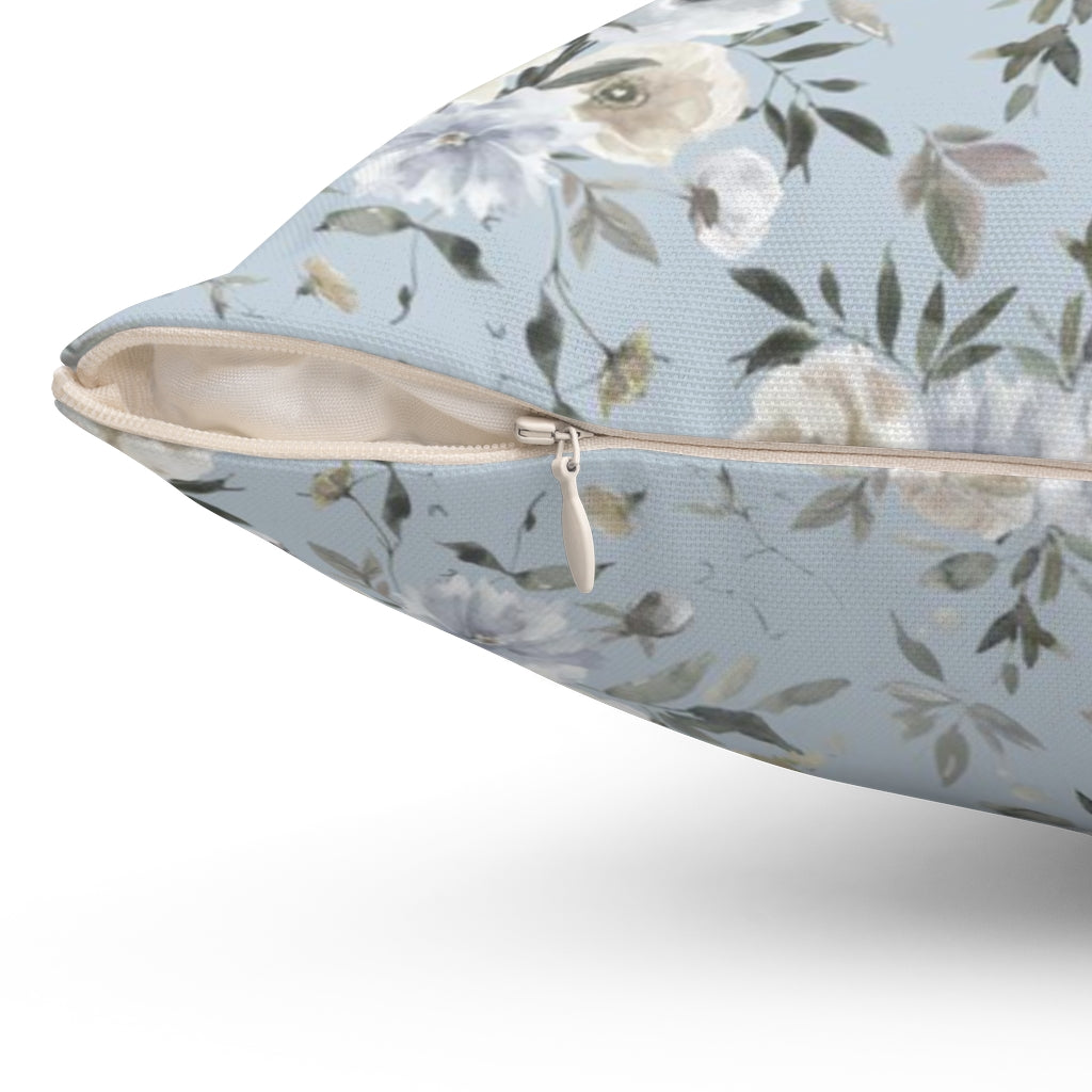Floral Boho Pillow Cover | Pastel Blue Grey White Poppies Green