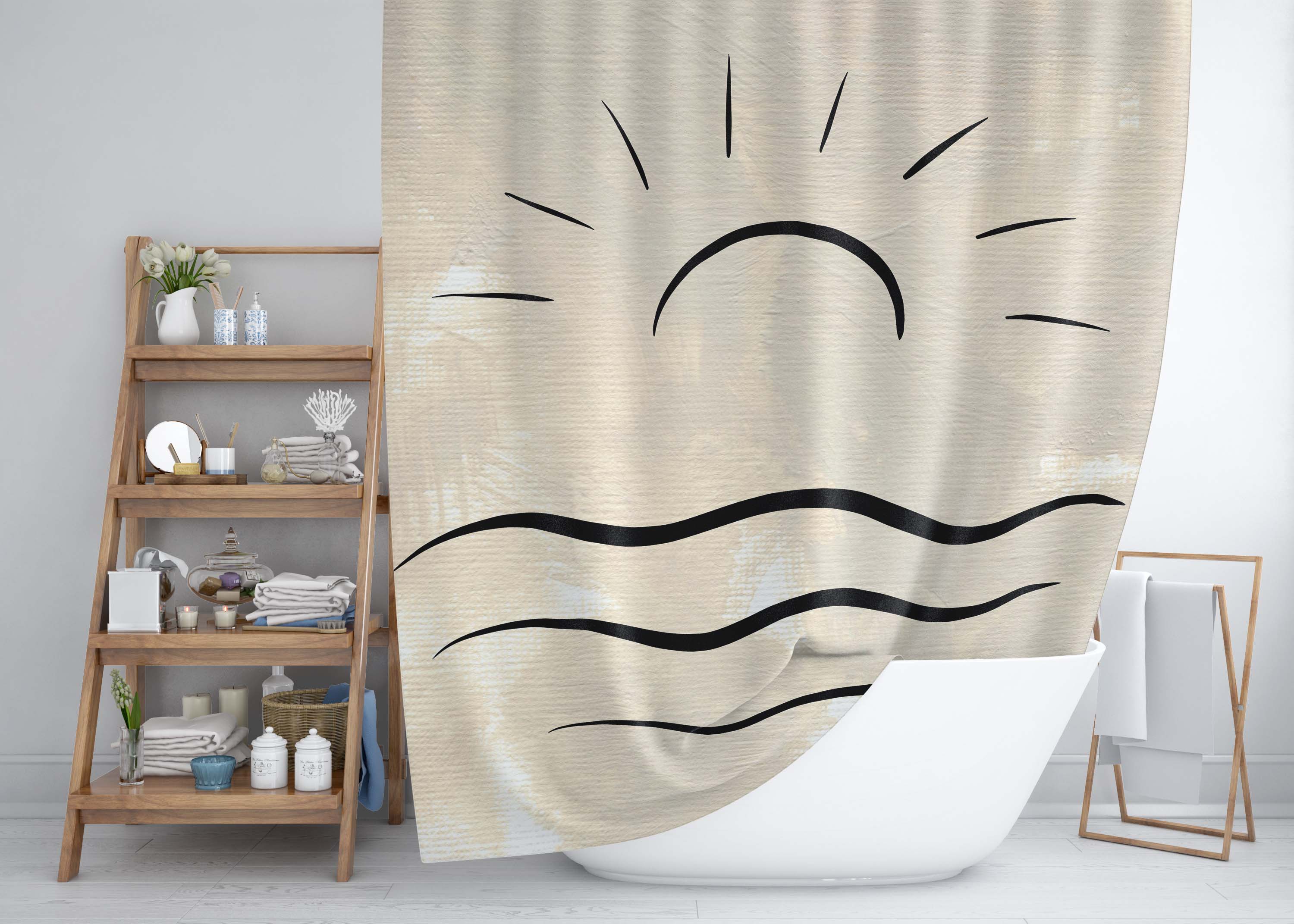 Terracotta Shower Curtain | Beige Cream Sunrise | One Line Art