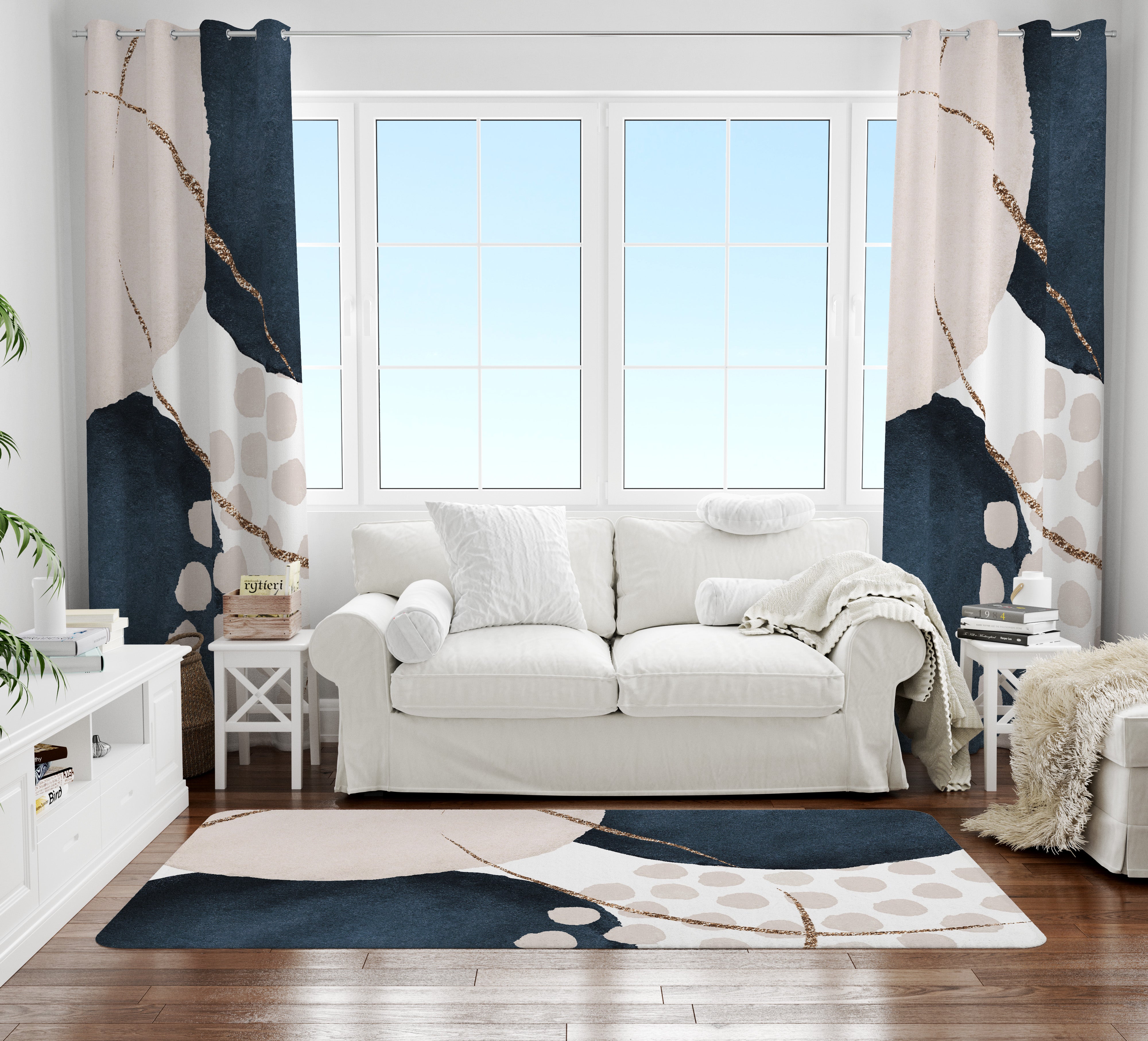 Abstract Area Rug | Navy Cream Beige Gold