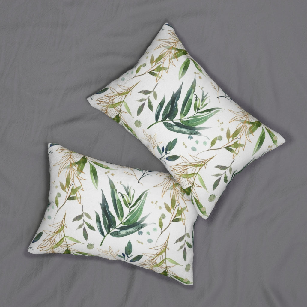 Floral Boho Lumbar Pillow | Green Gold Leaves