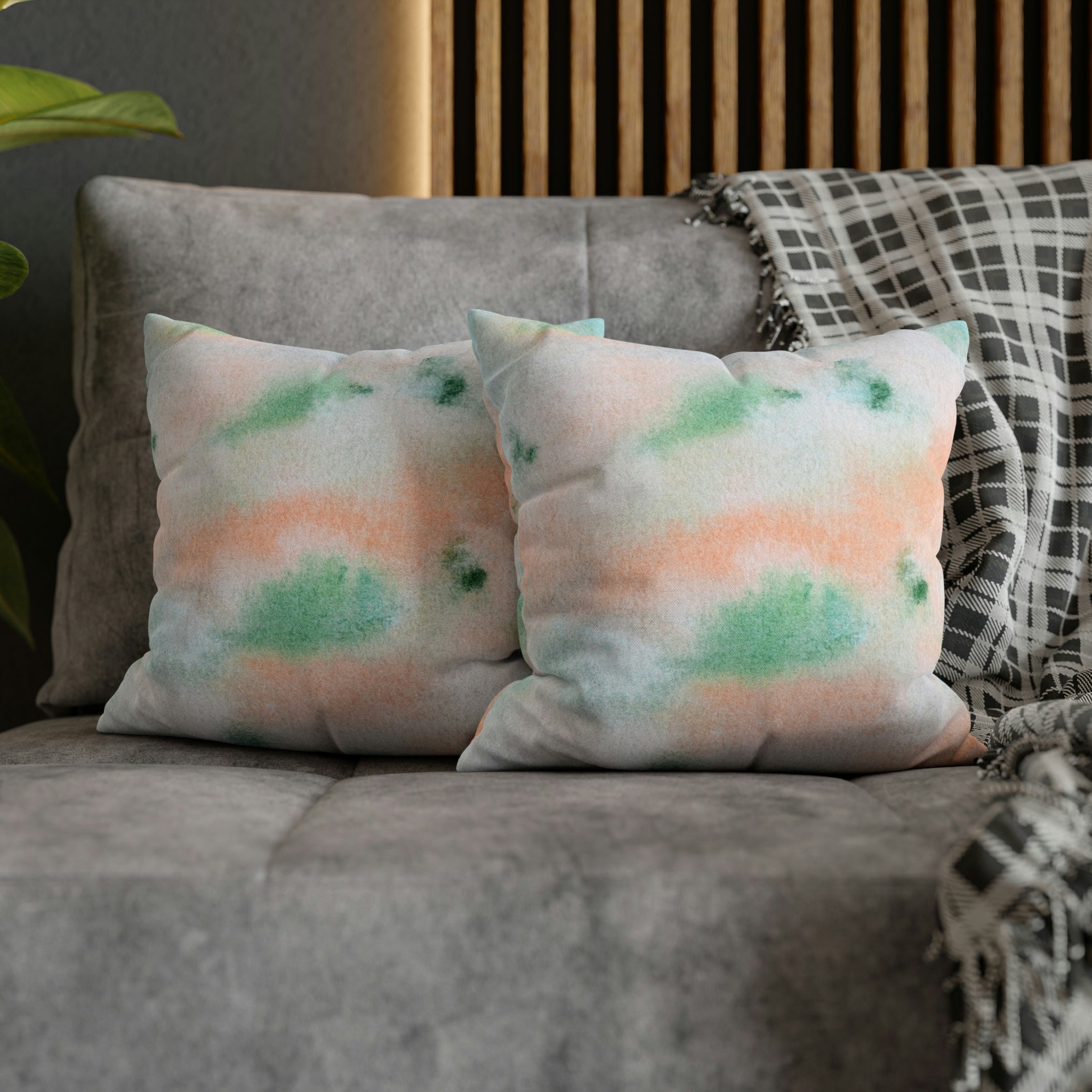 Abstract Boho Pillow Cover | Green Peach Pink Ombre Watercolor