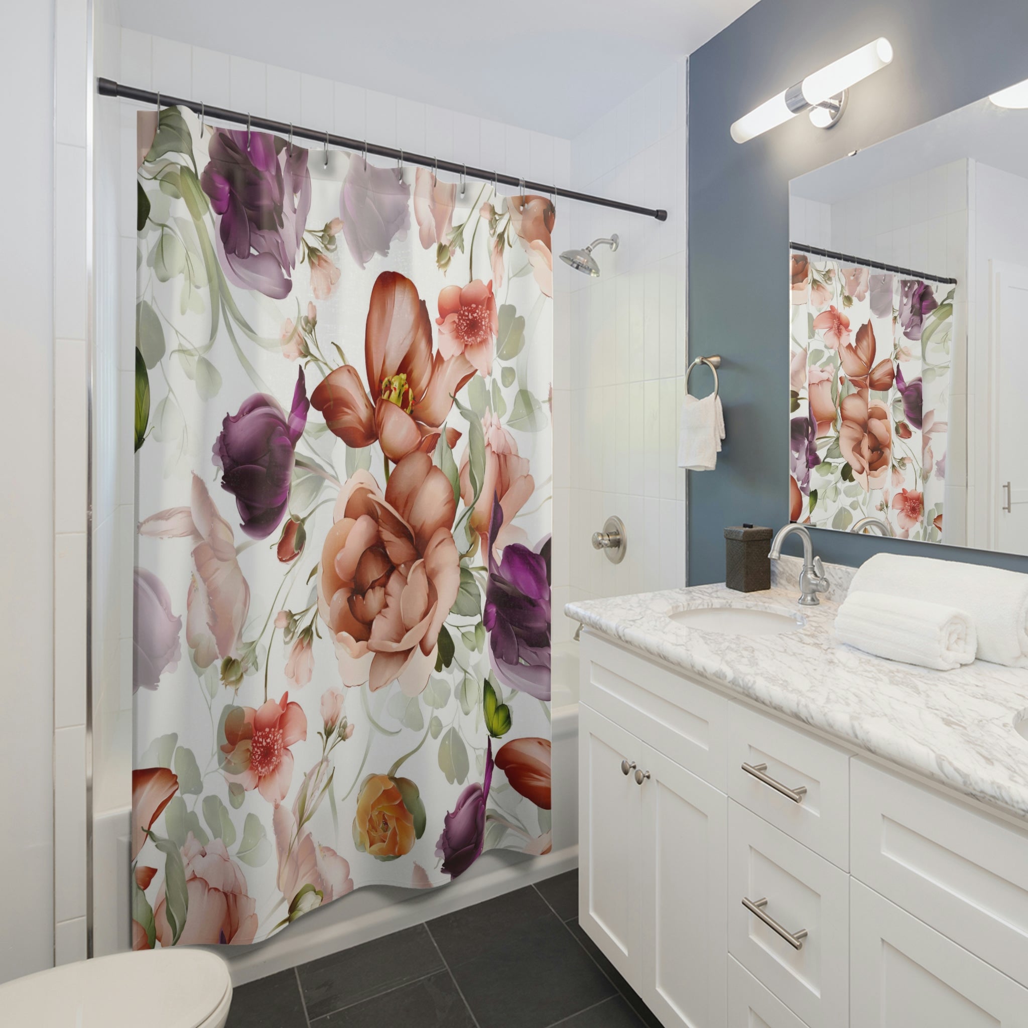 boho floral shower curtain | White Rust Purple Peonies