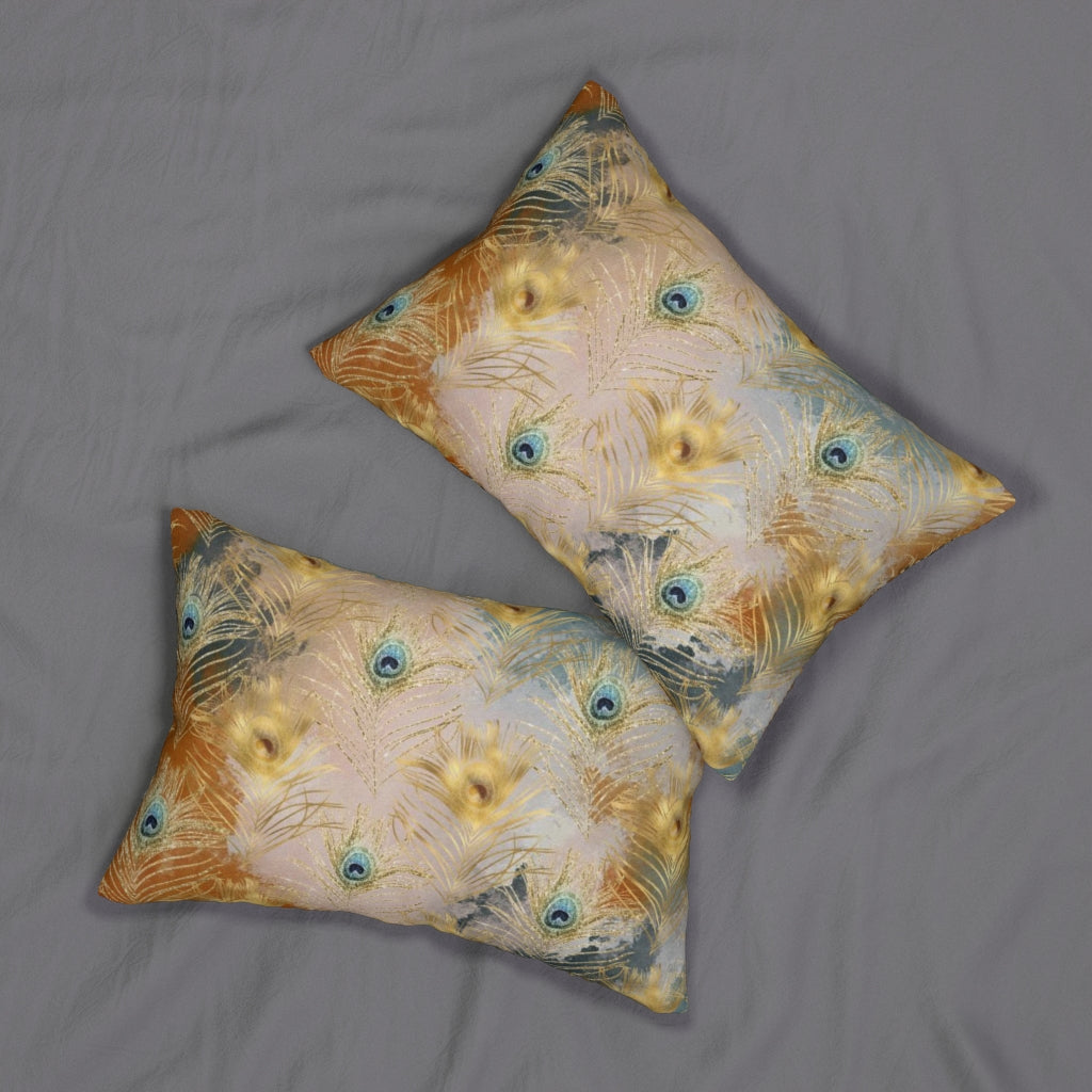 Abstract Boho Lumbar Pillow | Gold Beige Peacock Feather
