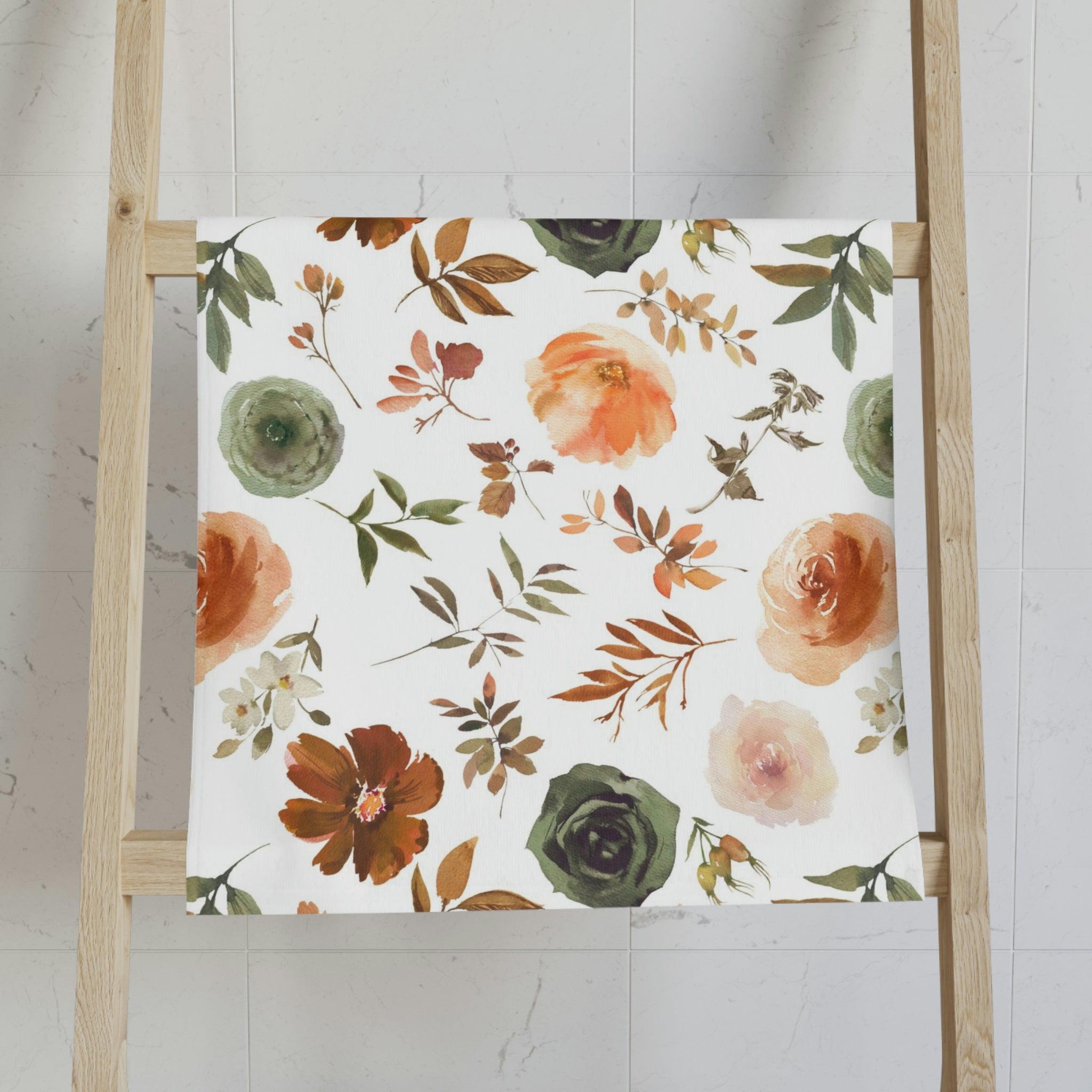 Floral Kitchen, Bath Hand Towel | Sage Green, Brown Beige, White