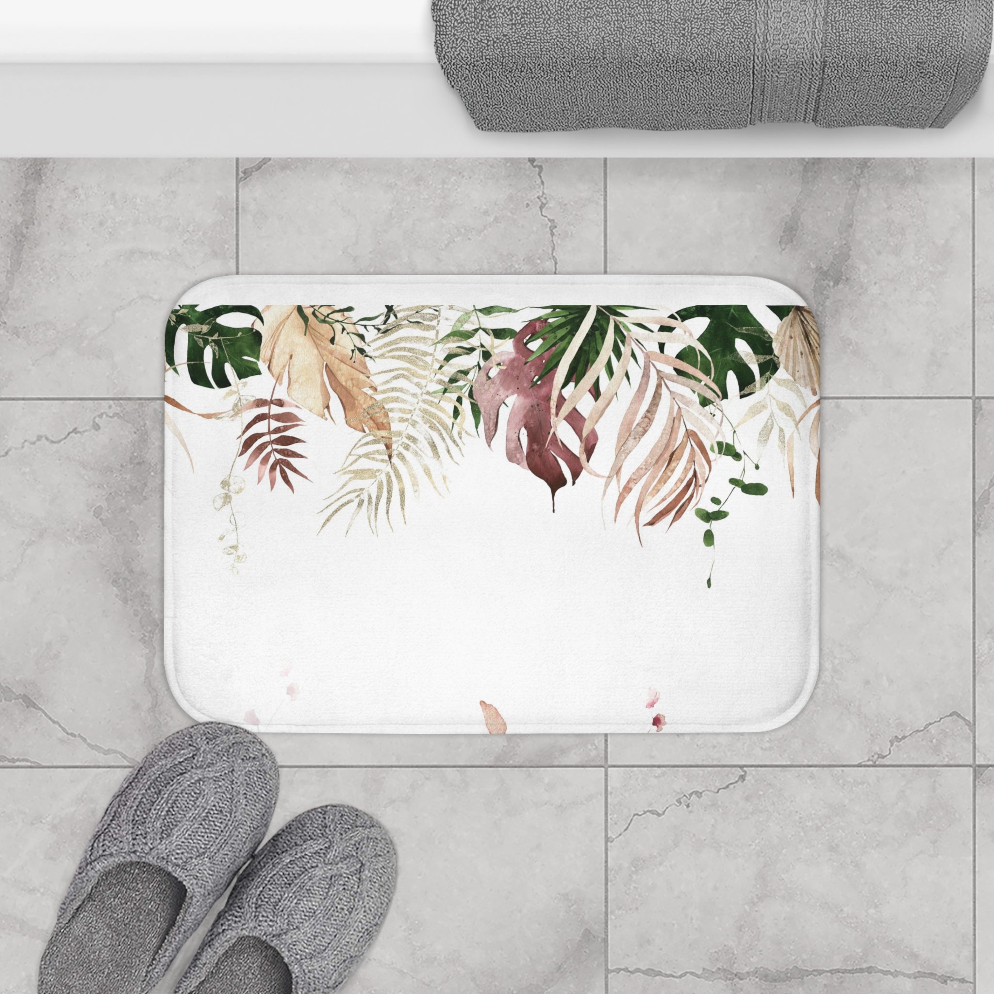 Floral Boho Bath, Kitchen Mat, Rug | White Earthy Beige Monstera Jungle Leaves
