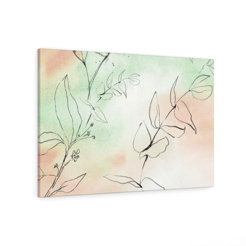 FLORAL WALL CANVAS ART | Green Peach Black Line Art Leaves