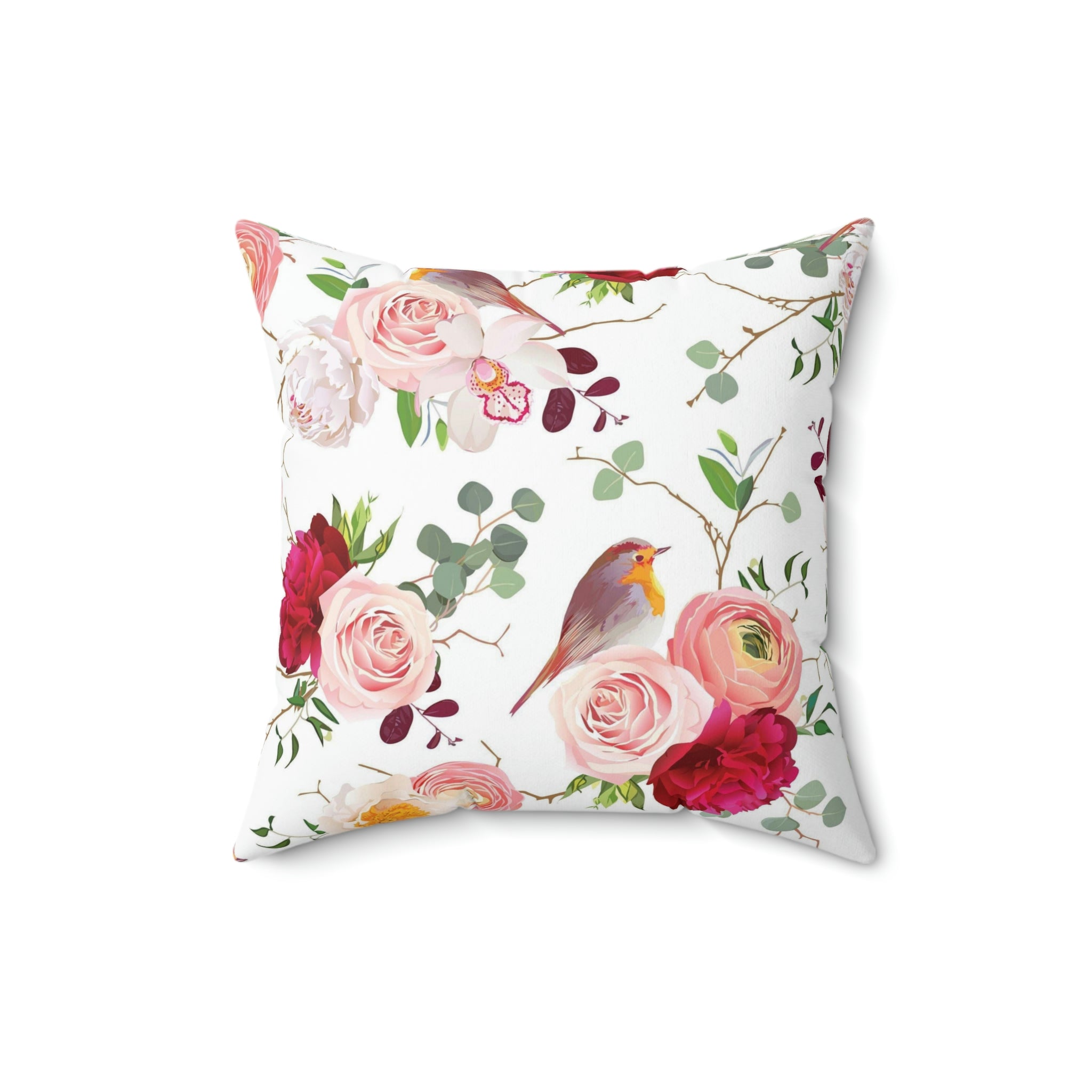 Floral Birds Pillow Cover | White Red Pink