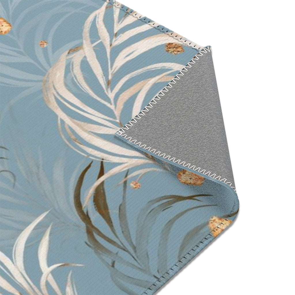 Floral Boho Area Rug | Blue Beige Jungle Palm