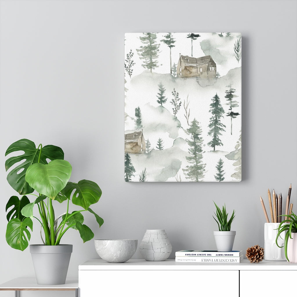 FLORAL WALL CANVAS ART | Green White Brown Forest Cabin