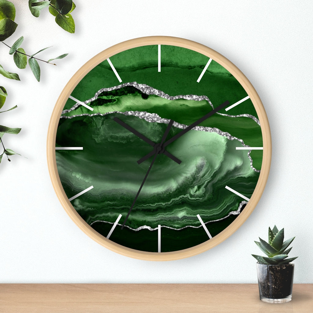 Marble Print, Wood, Wall Clock, Emerald Green 10"