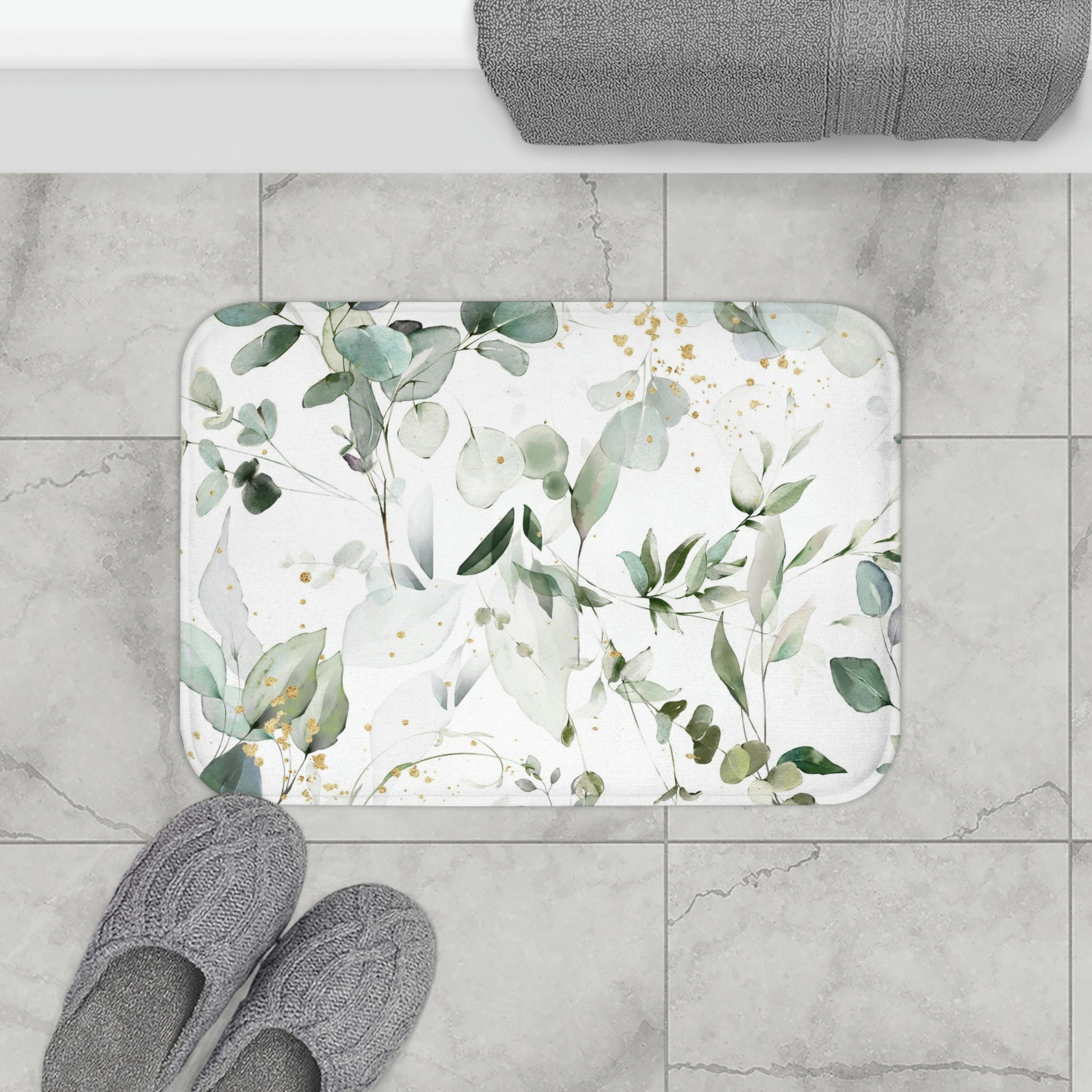 Boho Bath Kitchen Mat Floral Eucalyptus Sage Green White front view