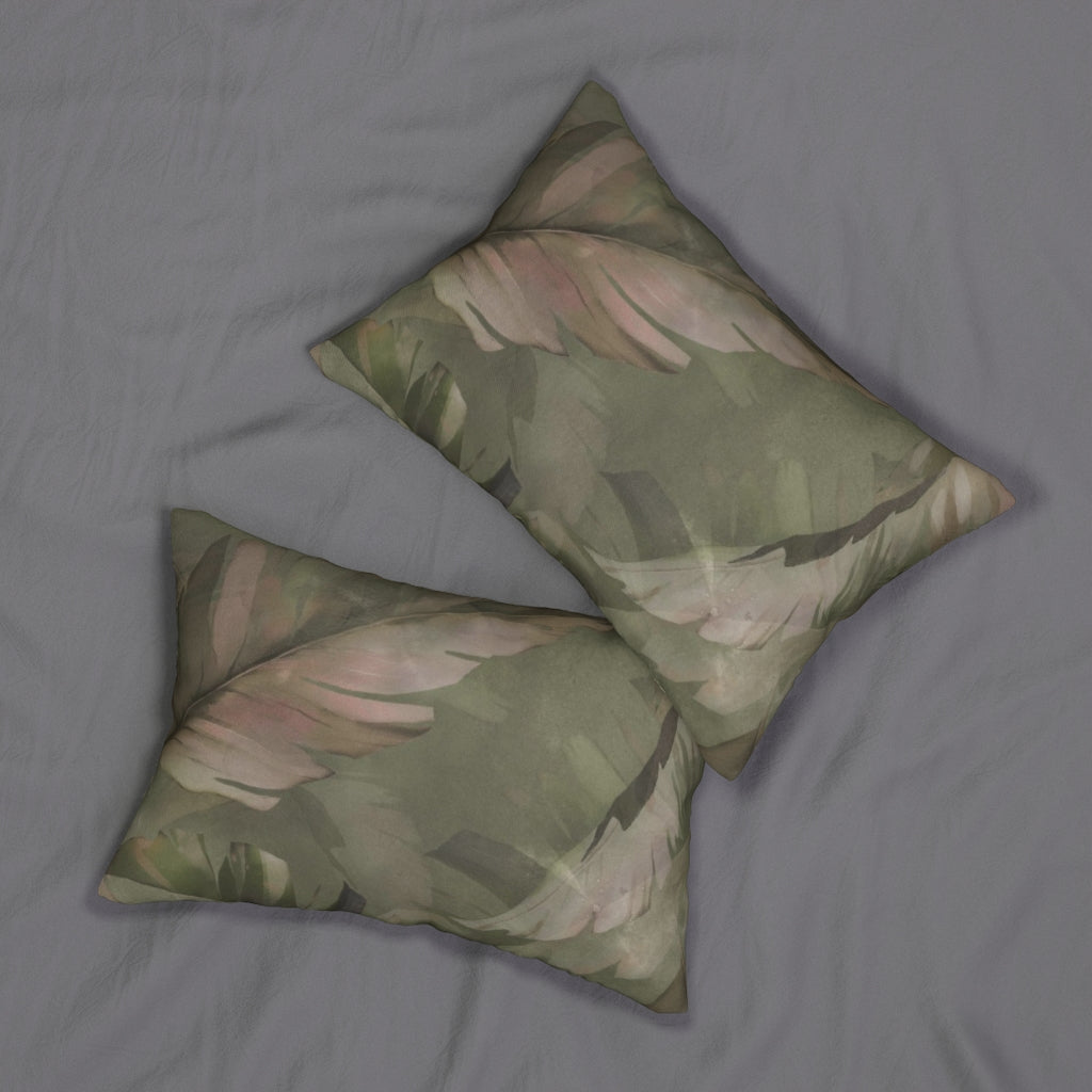 Floral Boho Lumbar Pillow | Khaki Green Tropical Leaves