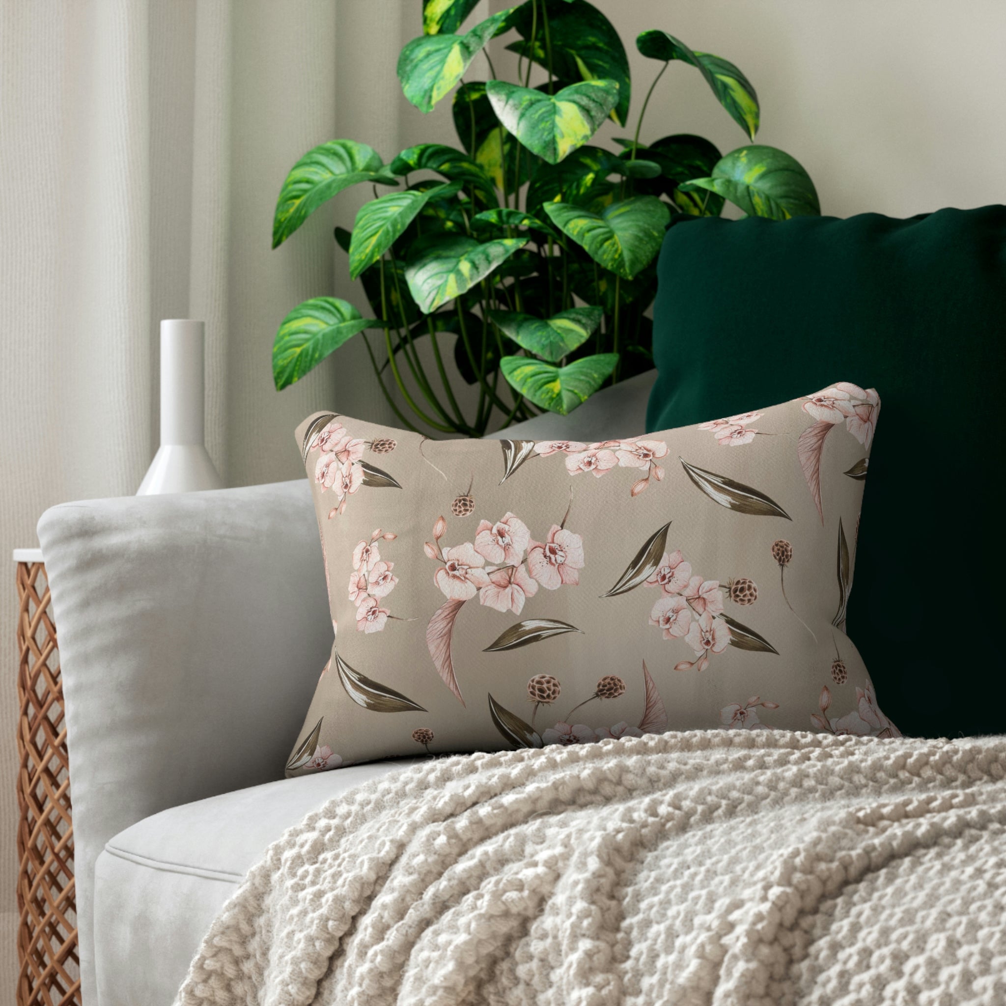 Beige Orchids Lumbar Pillow | Blush Pink Floral