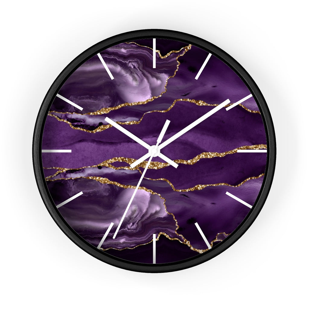 Marble Print, Wood, Wall Clock, Purple Gold 10"