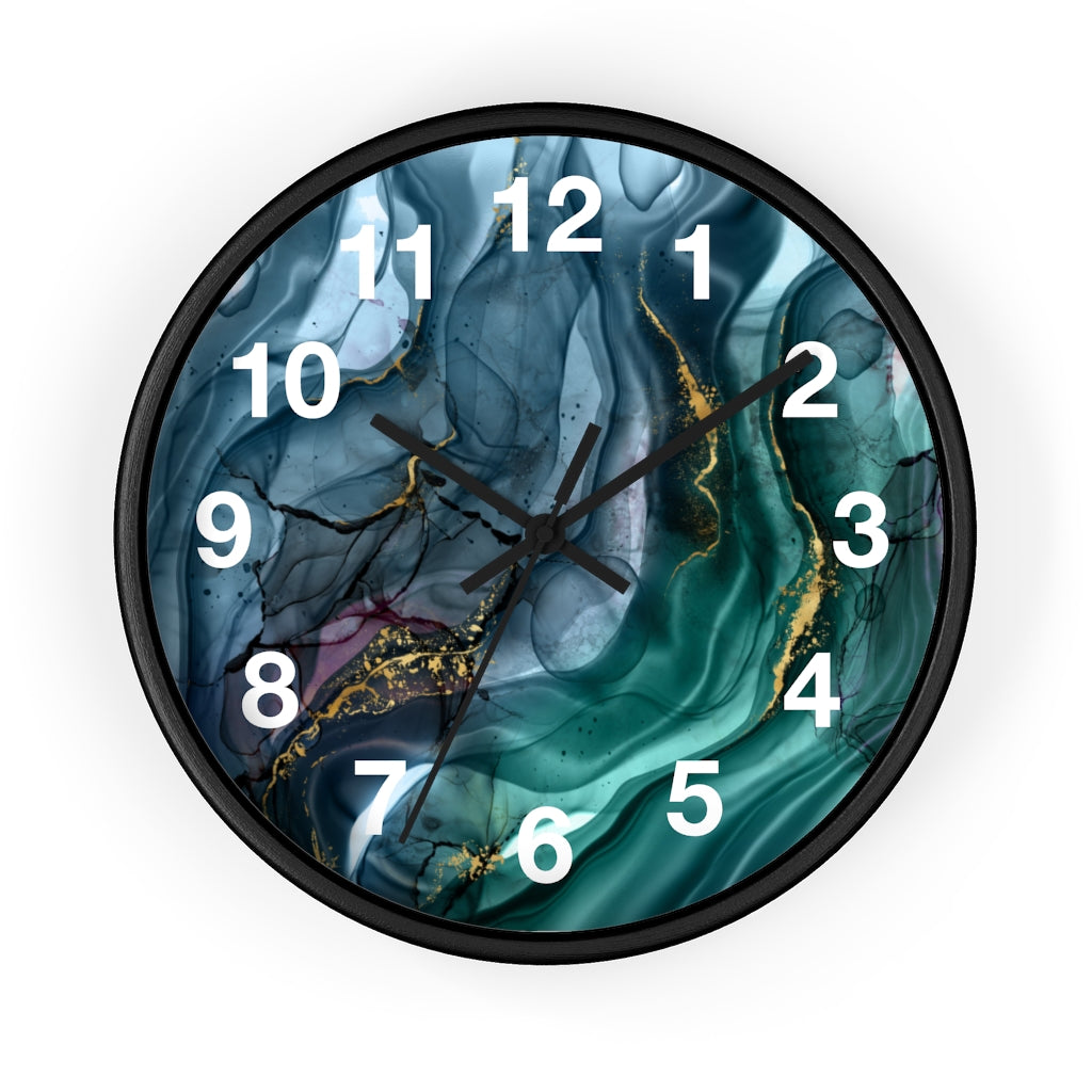 Marble Print, Navy Blue Green, Wood Wall Clock 10"