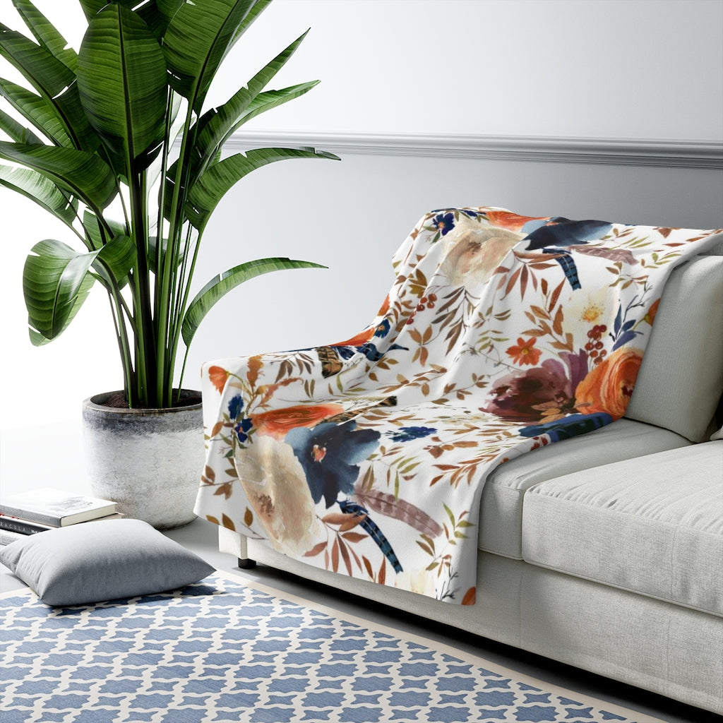 Floral Comfy Blanket | Navy Blue Bohemian Feathers