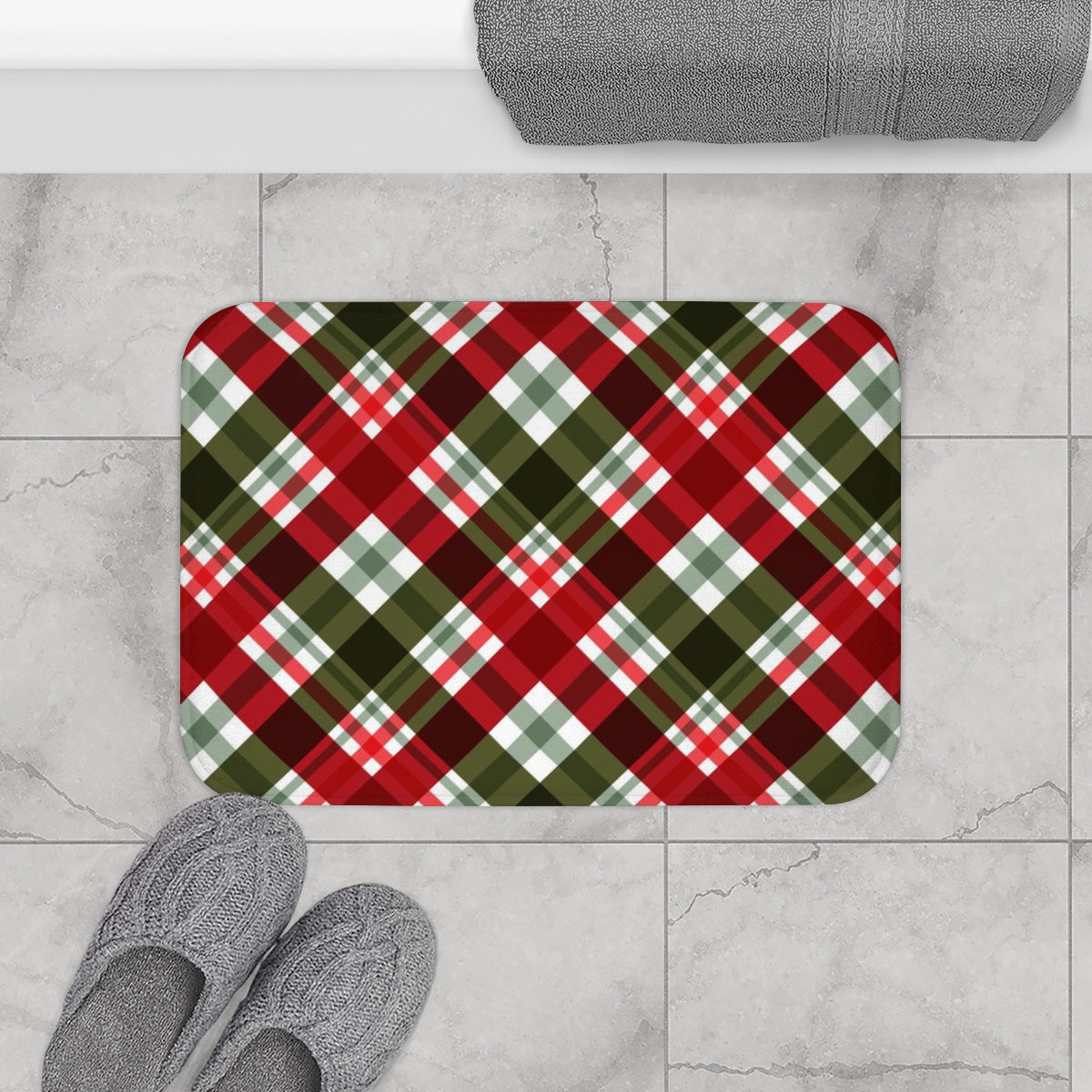 Christmas Bath Mat | Red Green White Plaid Pattern