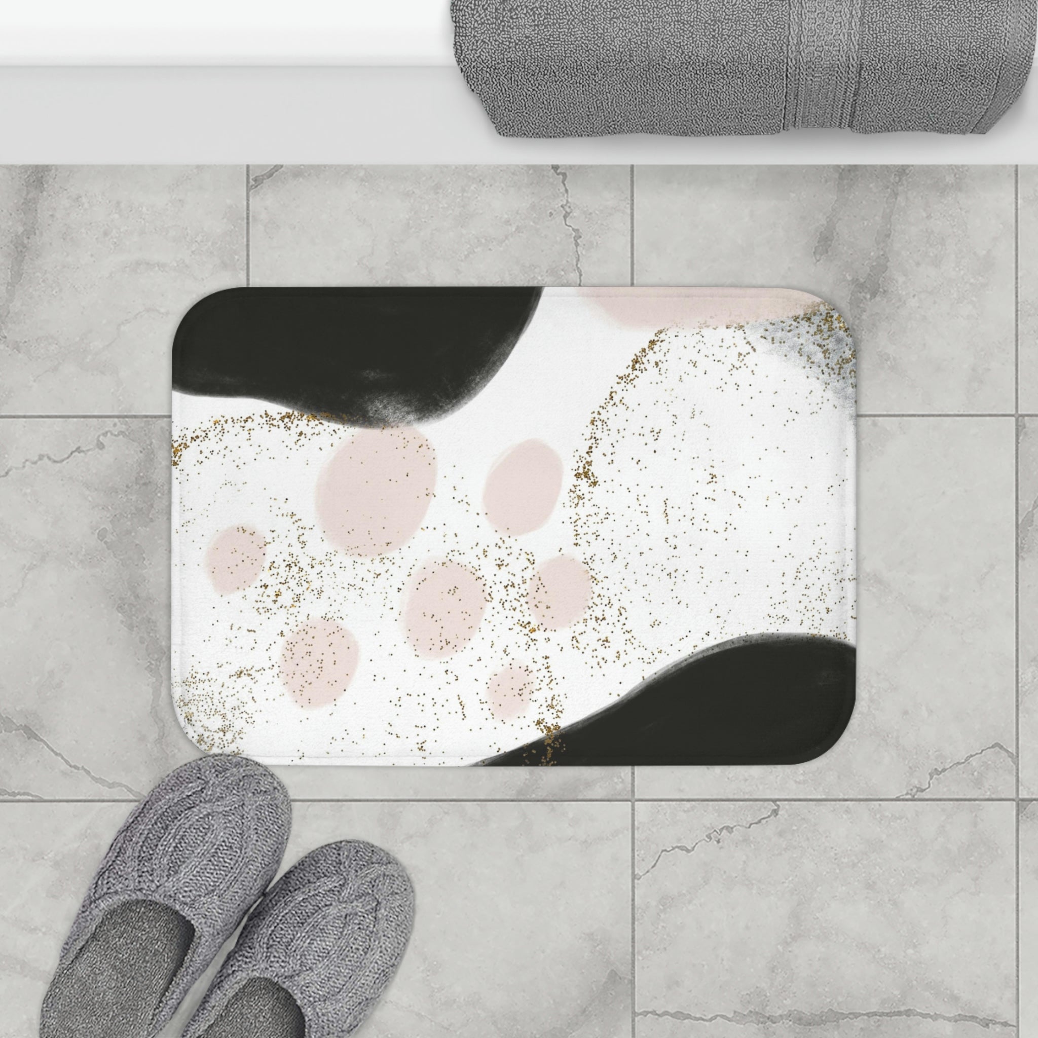 Boho Abstract Bath, Kitchen Mat | Black White, Blush Pink