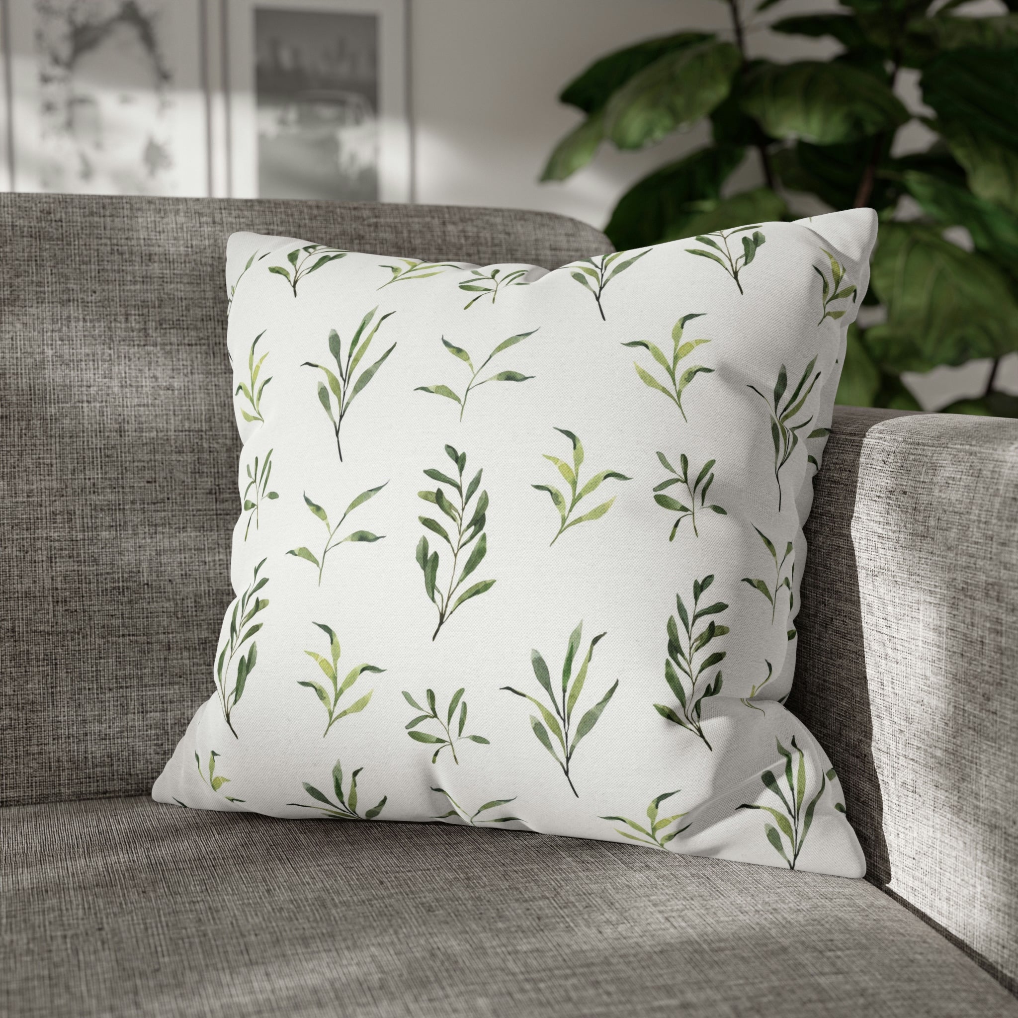 Floral Pillow Cover | Sage Green Leaves, White