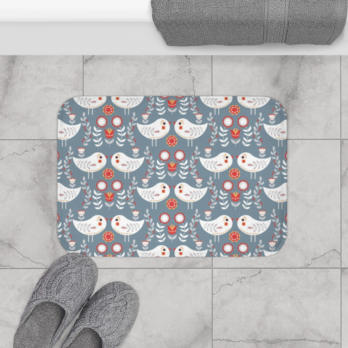 Christmas Kitchen Bath Mat | Gray White Nordic Folk Birds