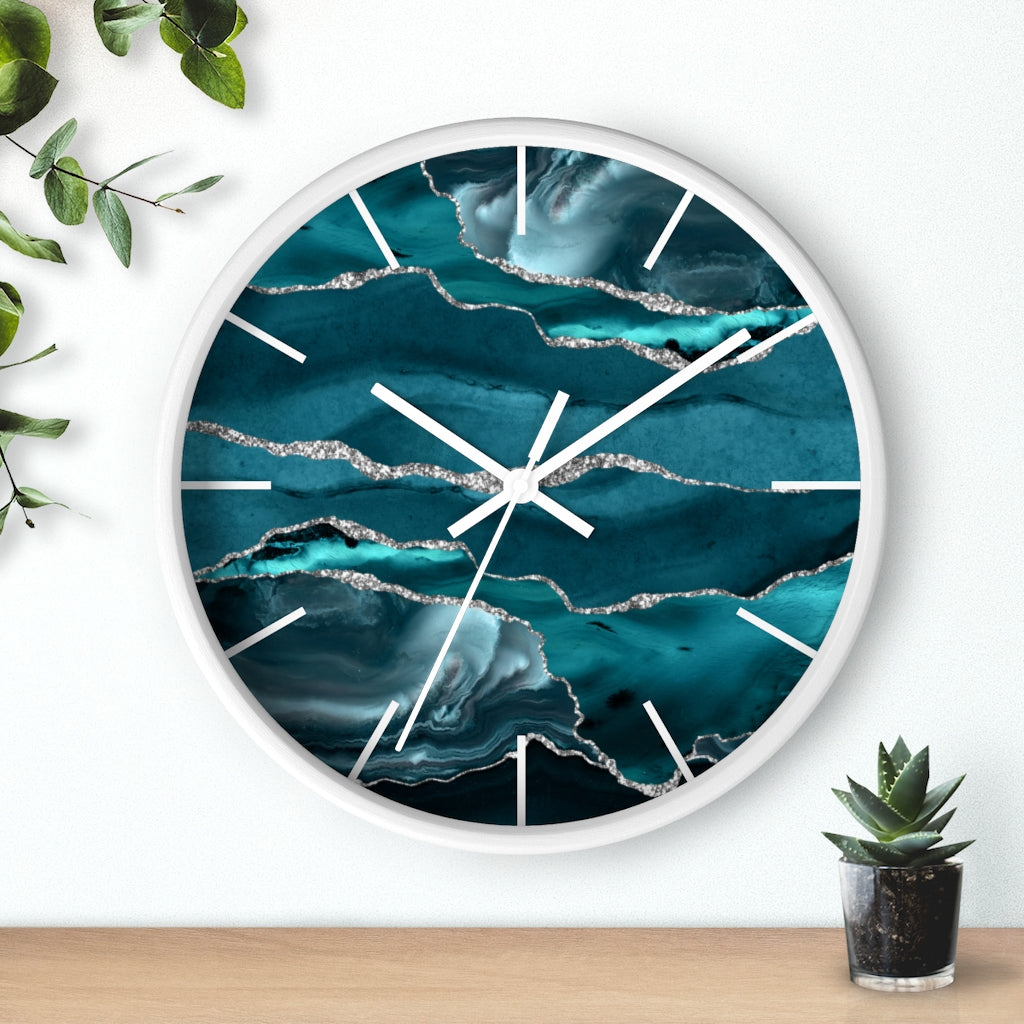 Marble Print, Wood, Wall Clock, Teal Silver 10"
