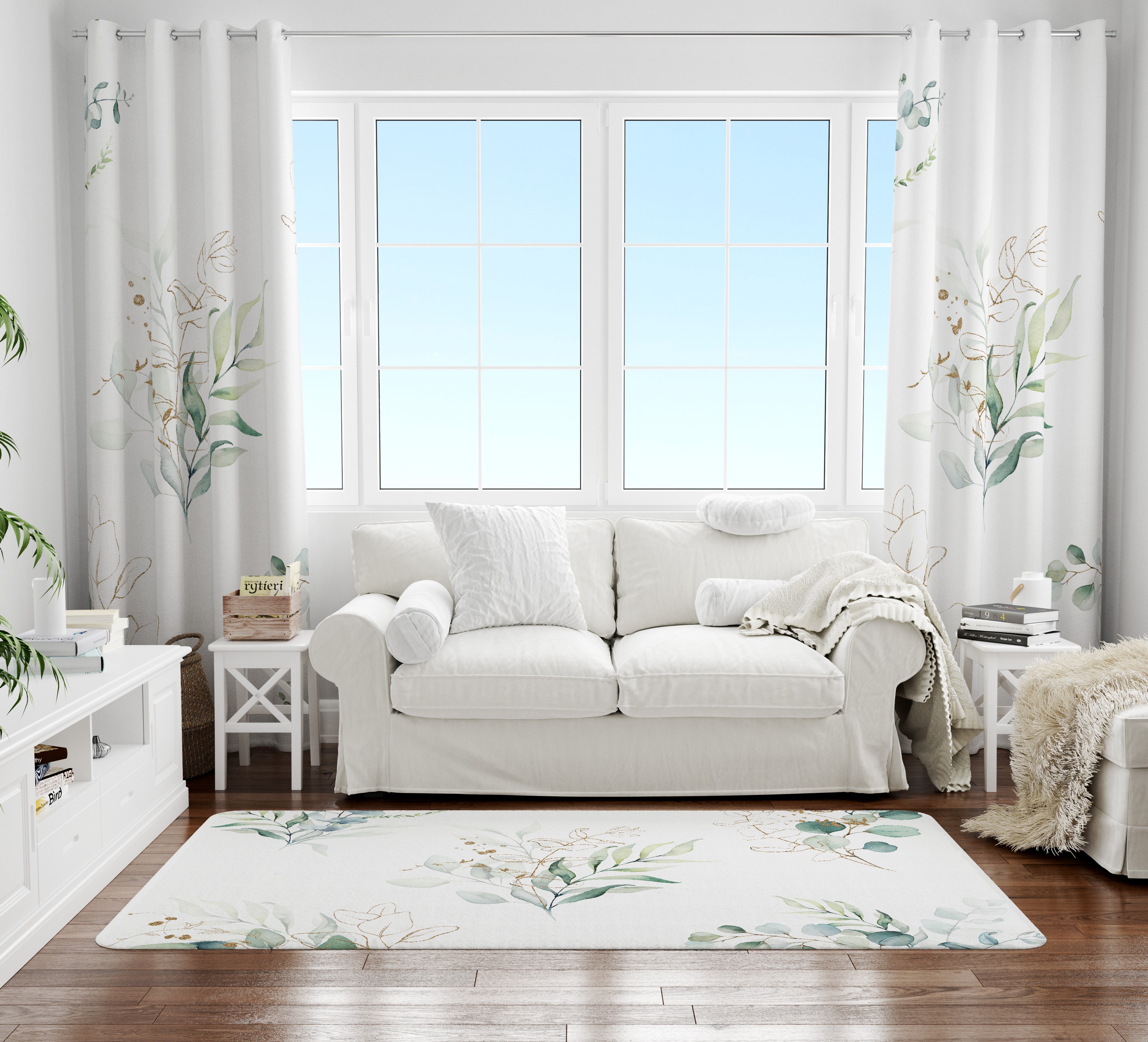 Boho Area Rug | Eucalyptus Green Watercolor Bouquetes