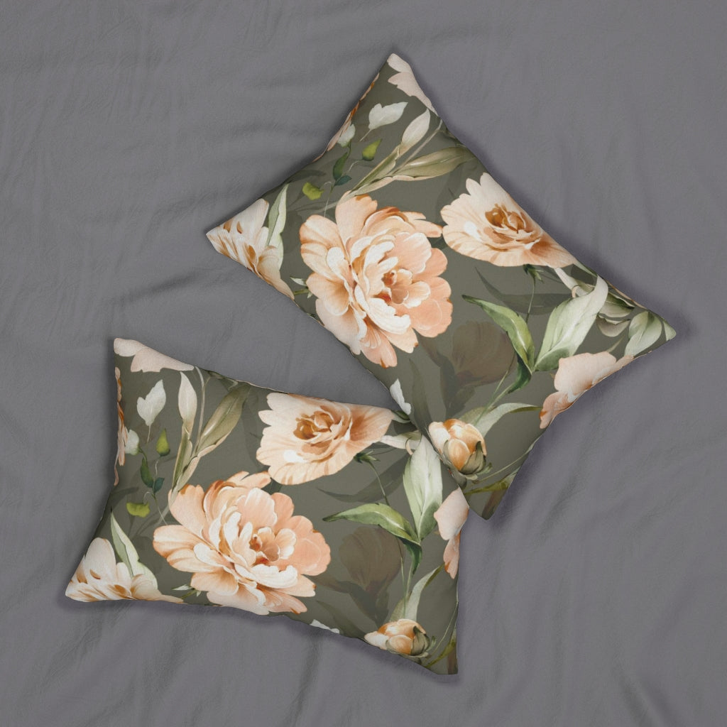 Floral Boho Lumbar Pillow | Peach Green Peonies