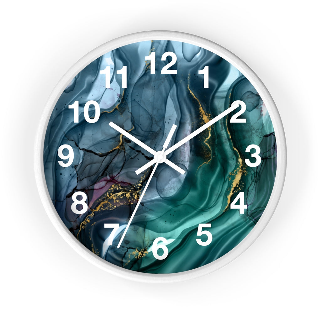 Marble Print, Navy Blue Green, Wood Wall Clock 10"