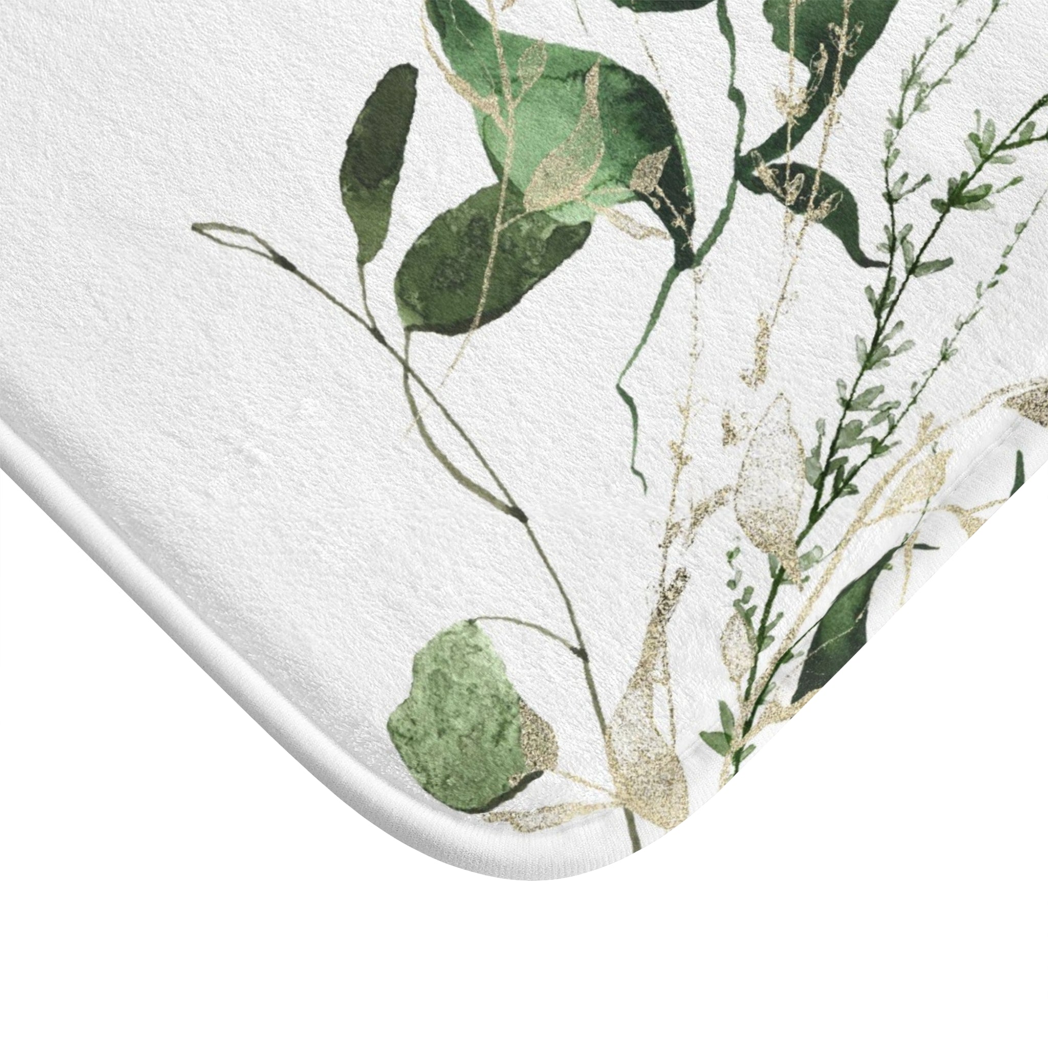 Floral Boho Bath, Kitchen Mat, Rug | White Forest Green Leaves