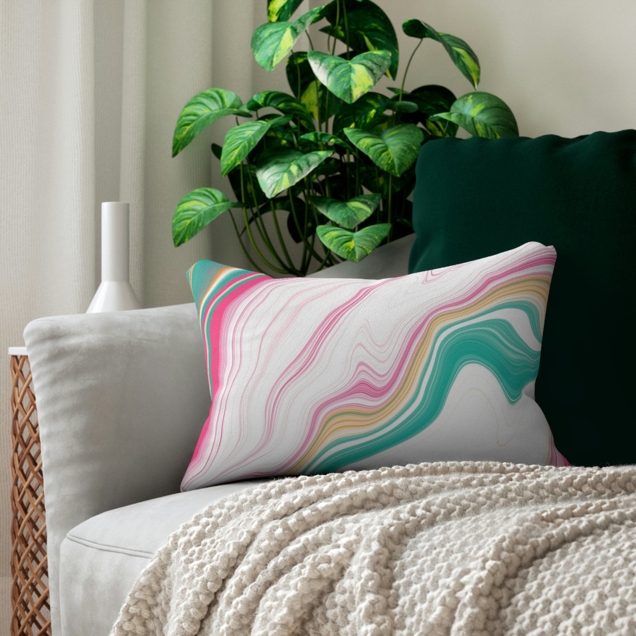 Abstract Lumbar Pillow | White Teal Pink Marble Print Minimalist