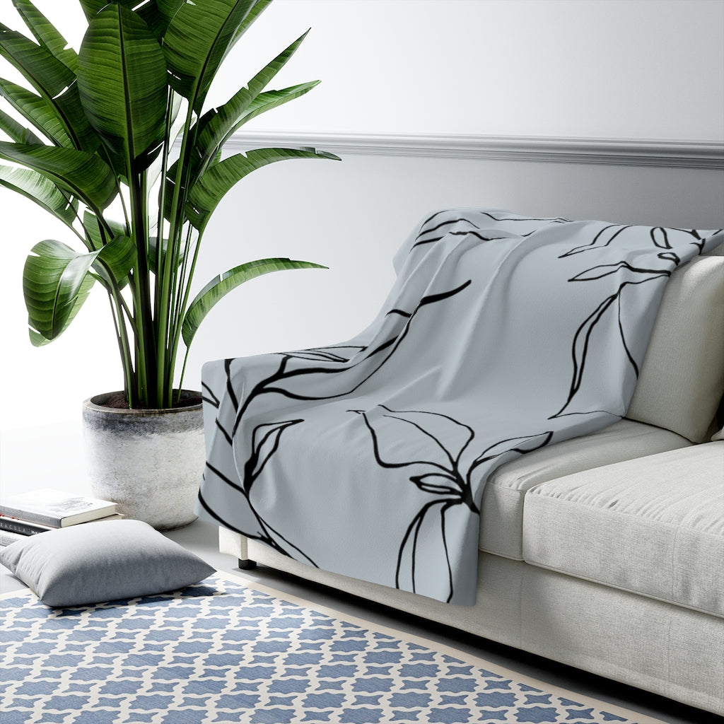 Black Dusty Blue, One Line Art, Floral Blanket