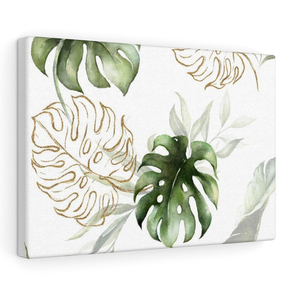 FLORAL WALL CANVAS ART | White Green Gold Tropical Leaves