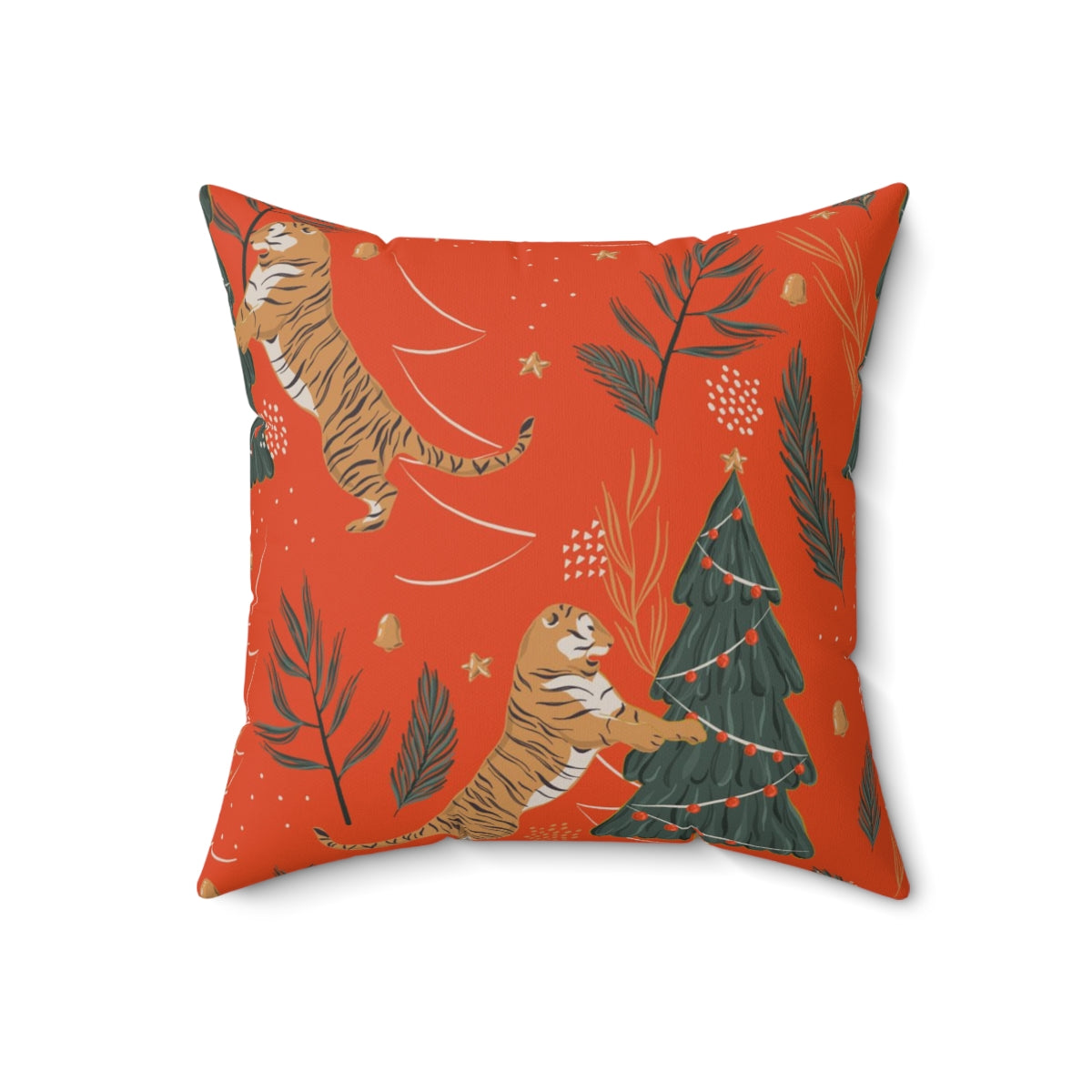 Scandi Nordic Boho Square Pillow Cover | Red Christmas Tree Tiger